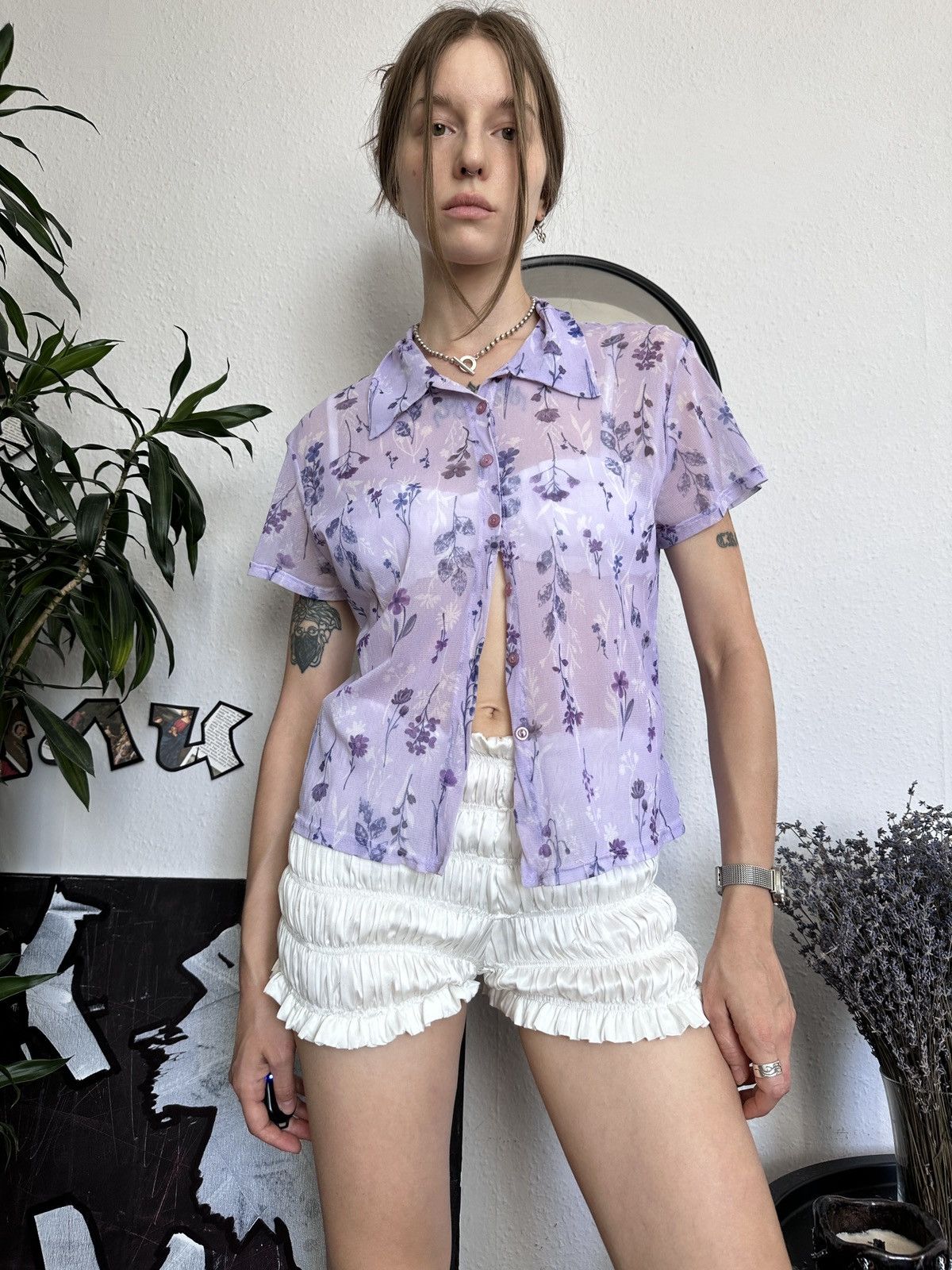 Japanese Brand Y2K Archival floral jpg Japan style mesh button up top Size ONE SIZE - 2 Thumbnail