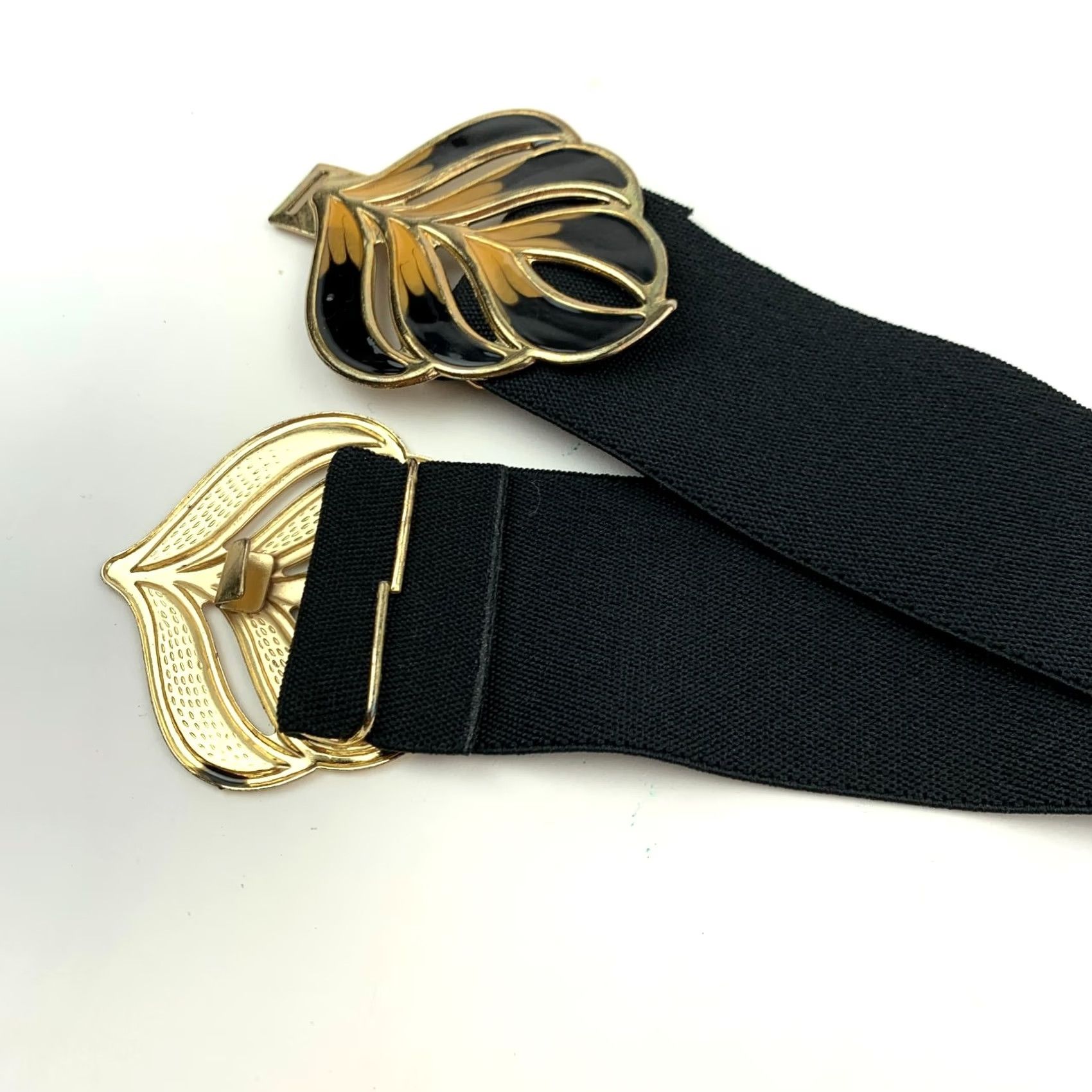 Vintage VINTAGE Peacock Feather Black Gold Stretch Enamel Metal Hook Clasp 31" Size ONE SIZE - 7 Thumbnail