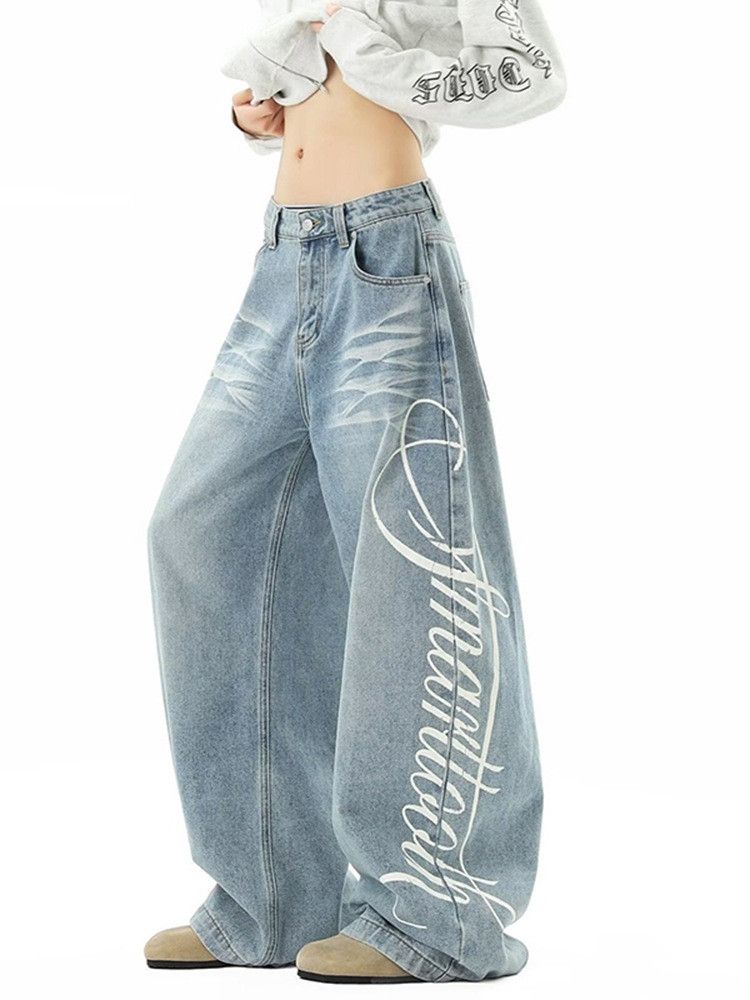 Jean Retro washed distressed letter print jeans for men Size US 32 / EU 48 - 2 Thumbnail