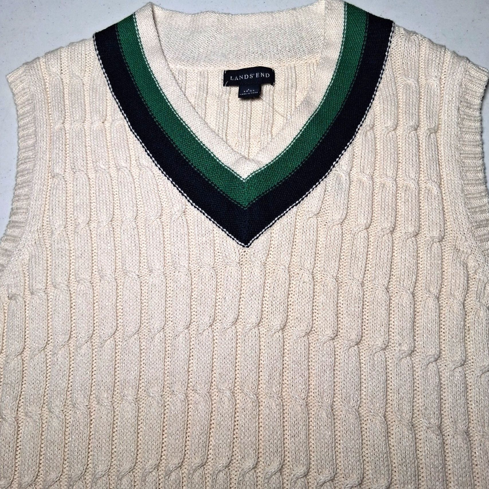 Lands' End Lands' End Sweater Vest Men L V-Neck Cable Knit Ivory Academia Preppy Linen Blend Vest, Nautical, OLD MONEY, Regular Fit, Cotton/Linen, Ivory, Mens Size US L / EU 52-54 / 3 - 2 Thumbnail