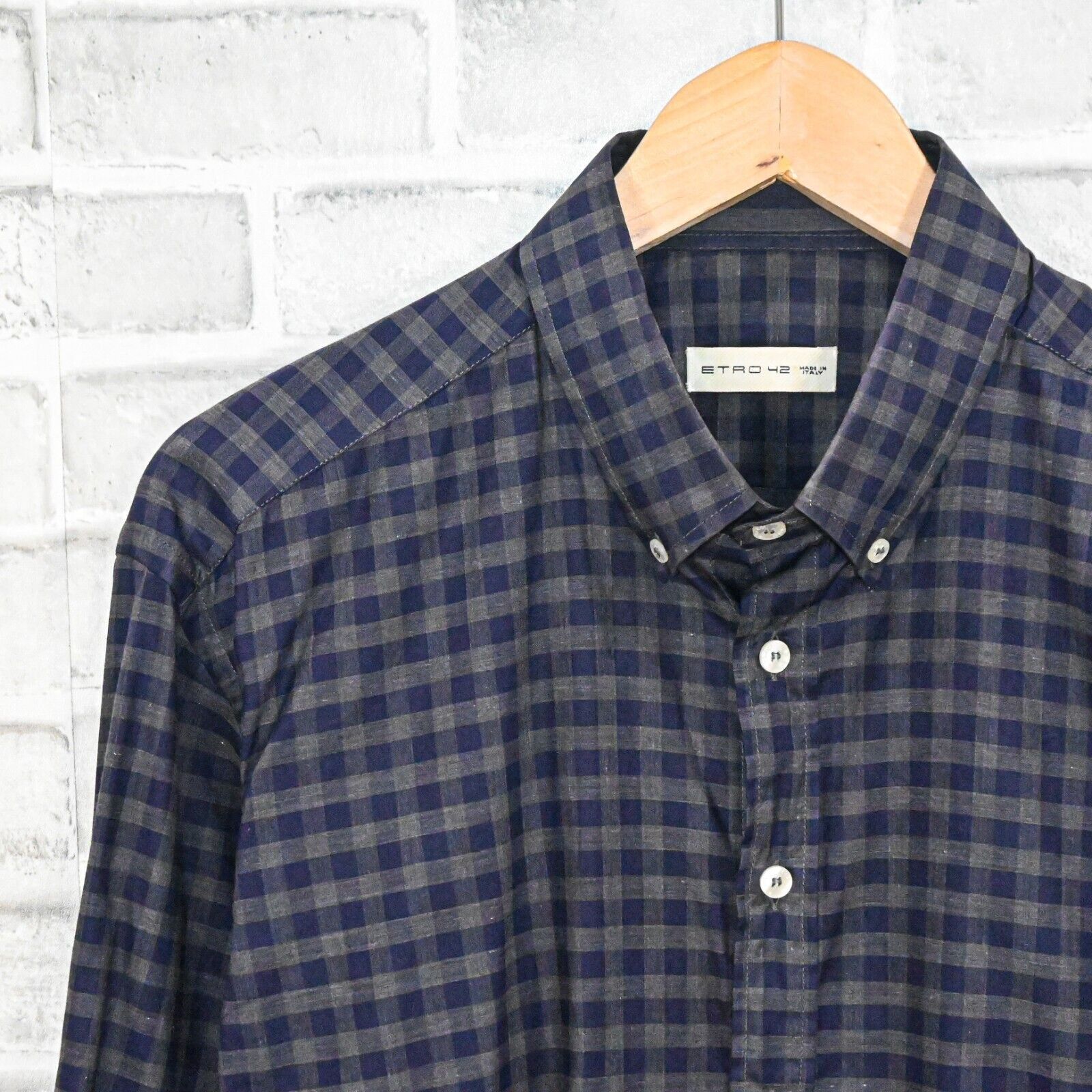 Etro ETRO Men's Button Down Shirt in Blue grey check cotton Size US L / EU 52-54 / 3 - 7 Thumbnail
