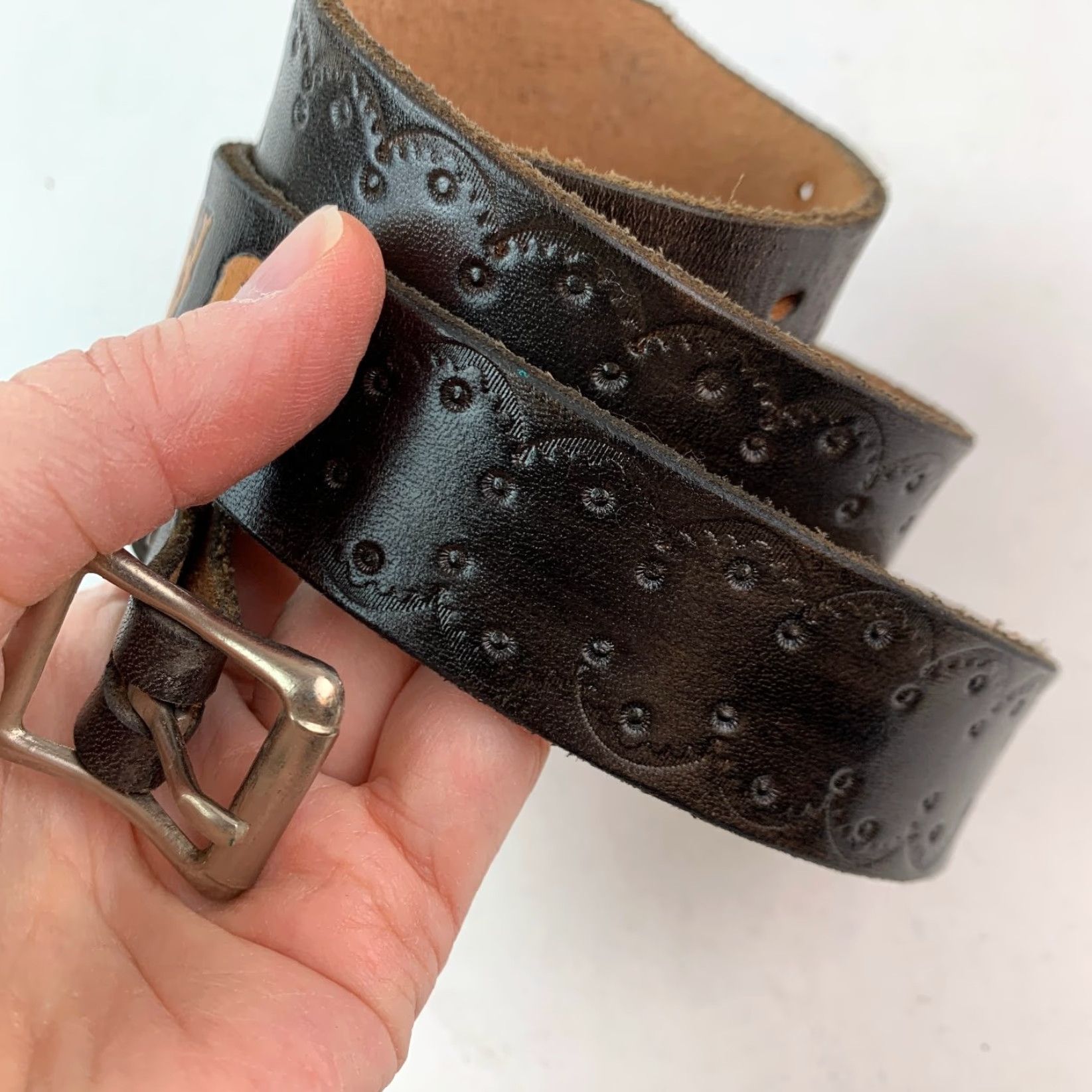 Vintage VINTAGE Leather Belt 34 Dark Brown Mens Size 34 Embossed DAVID Personalized 1.25" Size 34 - 3 Thumbnail