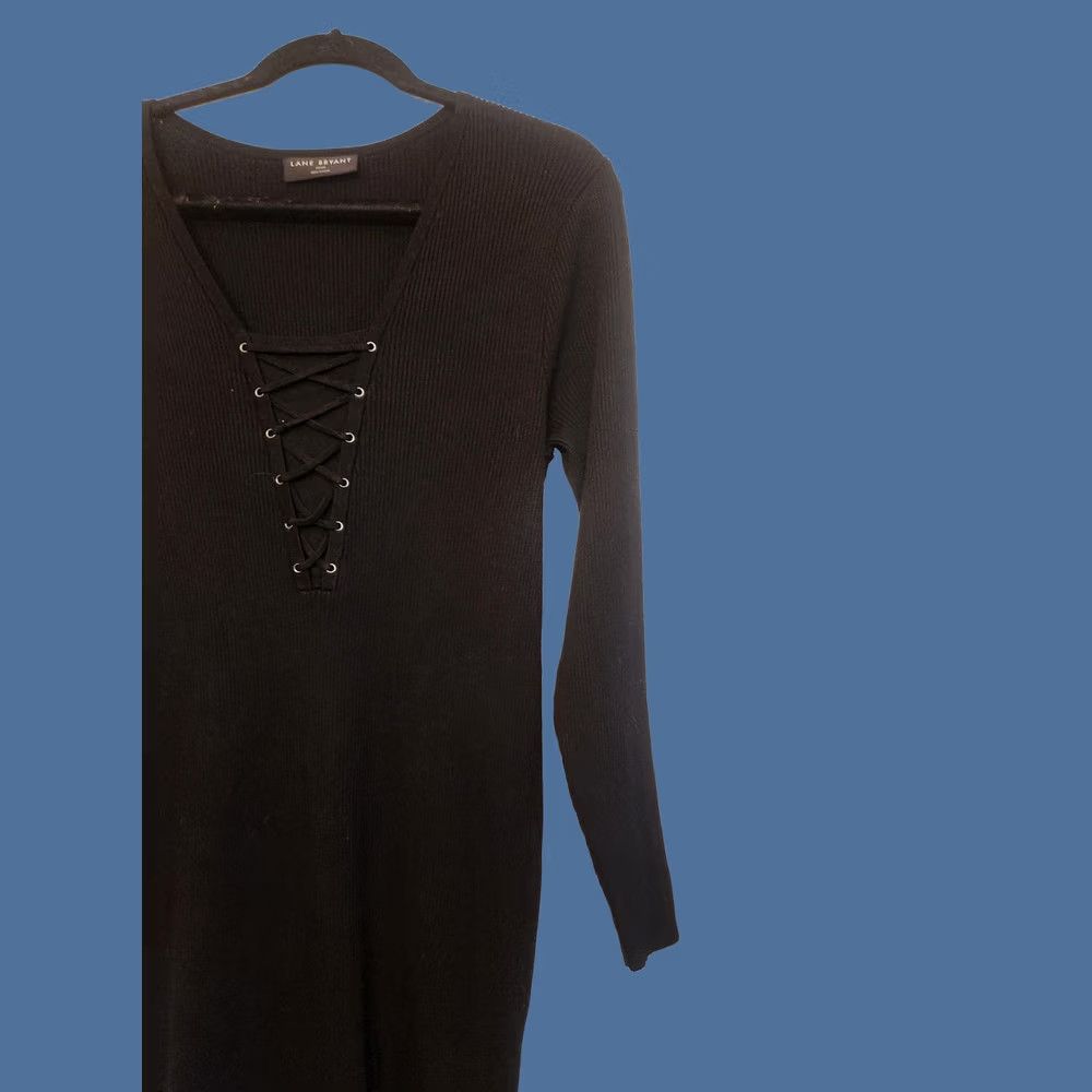 Vintage Lane Bryant Dress Wmn 18/20 Plus Size Black Lace Up V Neck Long Midi Knit Pullover Sweater Dress Womens Size XXL / US 16-18 / IT 52-54 - 1 Thumbnail
