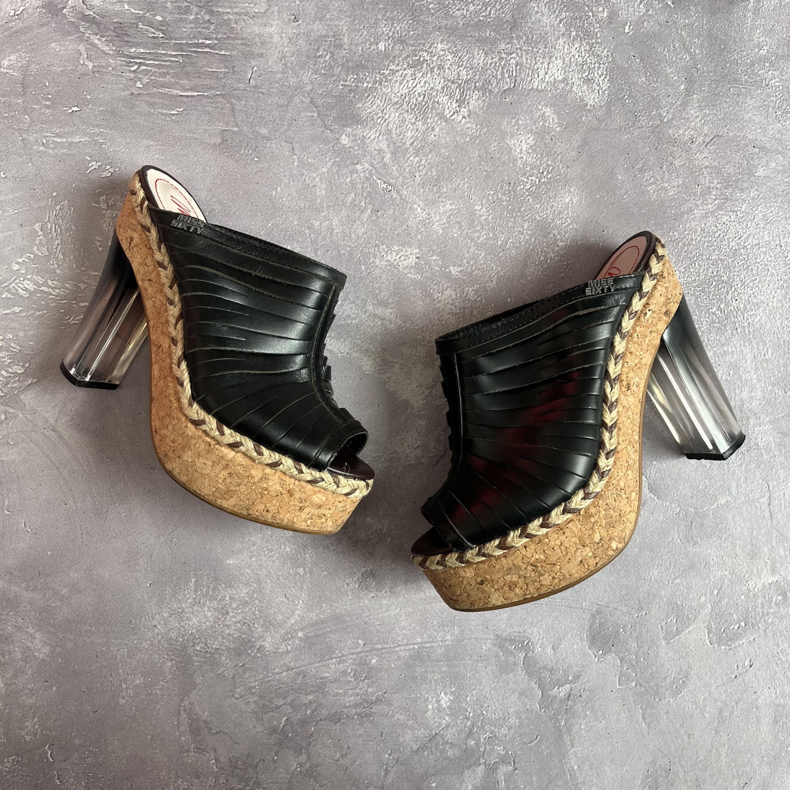 Miss Sixty Miss Sixty Mule Heels Cork Platform Heel Black Leather Y2K Size US 9 / IT 39 - 1 Thumbnail