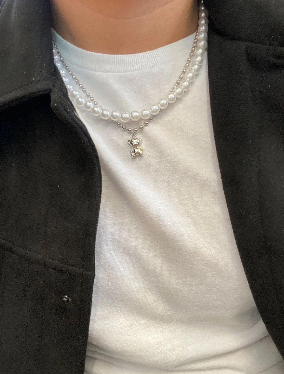 Jewelry Double Layer Pearl Bear Necklace Silver Necklace Size ONE SIZE - 4 Thumbnail