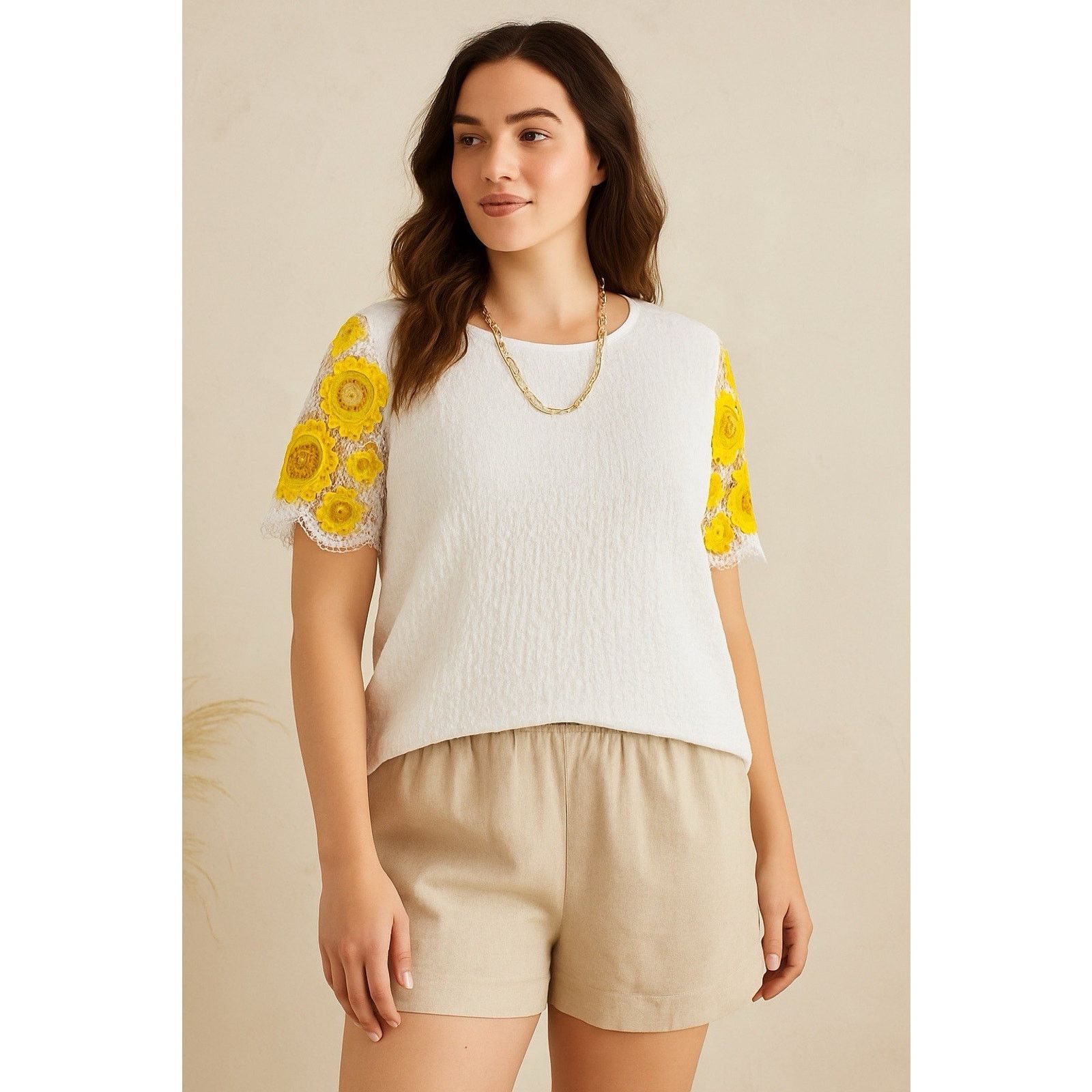 Other Alice Blue 1X White Top Yellow Crochet Floral Sleeve Size XL / US 12-14 / IT 48-50 - 9 Thumbnail