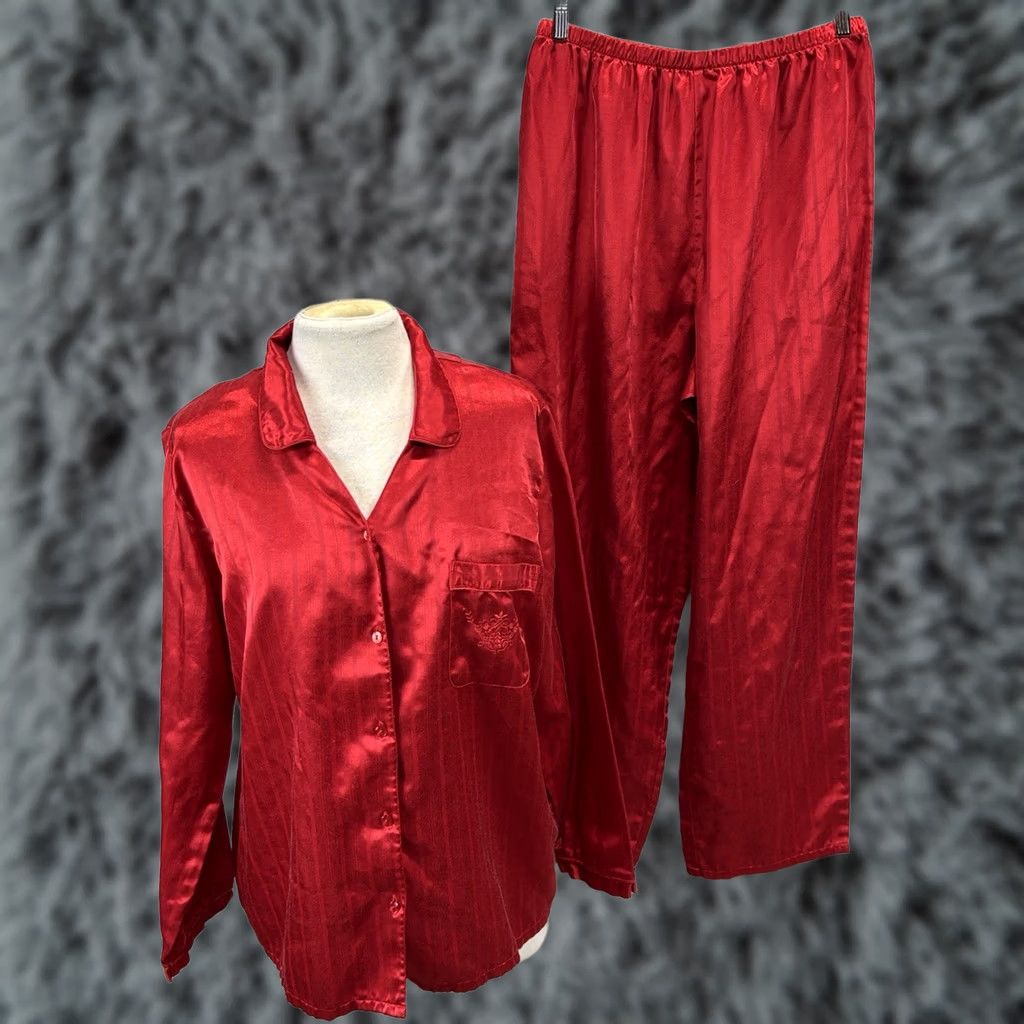 Vintage VINTAGE Classic Elements Satin Pajamas Red Damask 2 Pc Lounge Women’s L Red Stripe Damask Lounge Womens L Satin Pajamas Size ONE SIZE - 1 Thumbnail