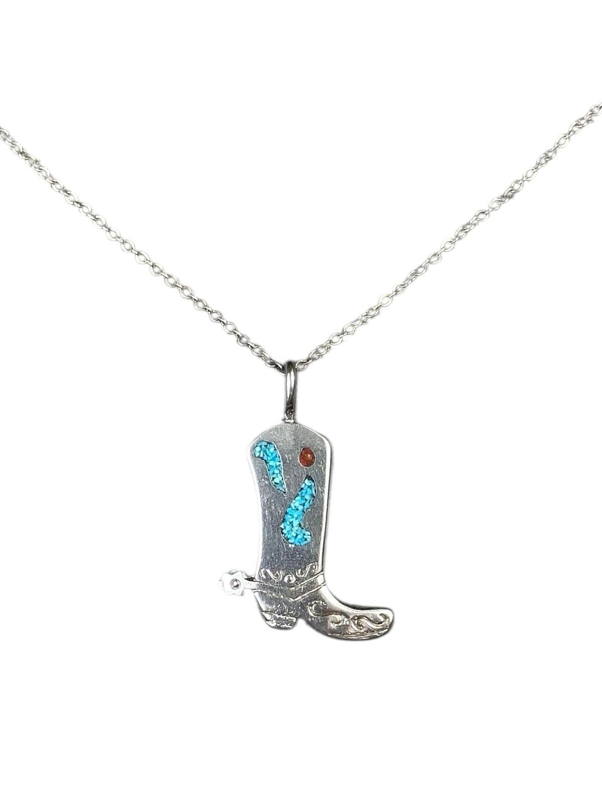 Vintage MEXICAN TURQUOISE AND CORAL SILVER WESTERN BOOT NECKLACE Size ONE SIZE - 2 Thumbnail