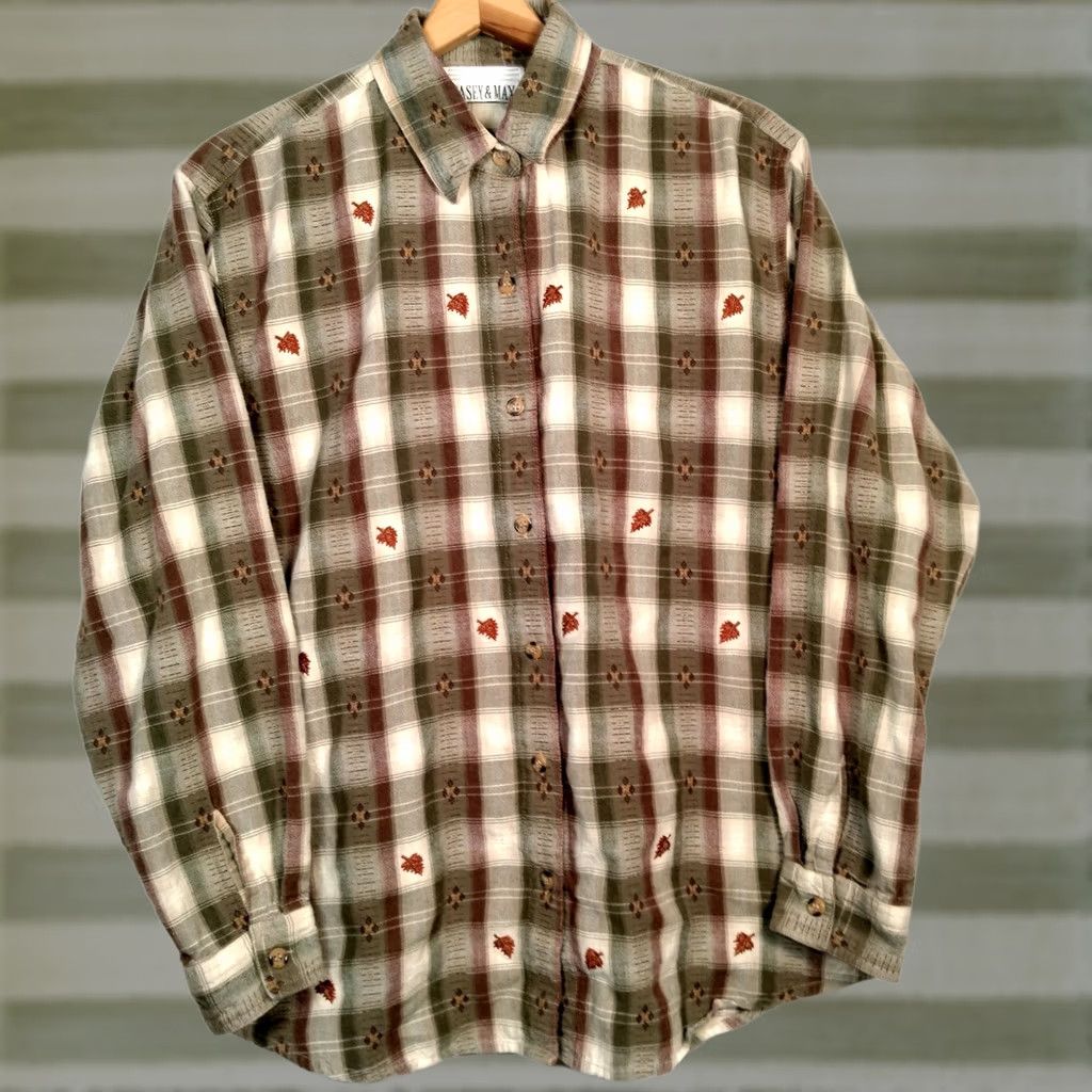 Vintage VINTAGE Casey & Max Blouse Women L Brown Plaid Embroidered Leaves Fall Autumn Leaf Casual Shirt Mens Womens Girls Boys Size L / US 10 / IT 46 - 1 Thumbnail