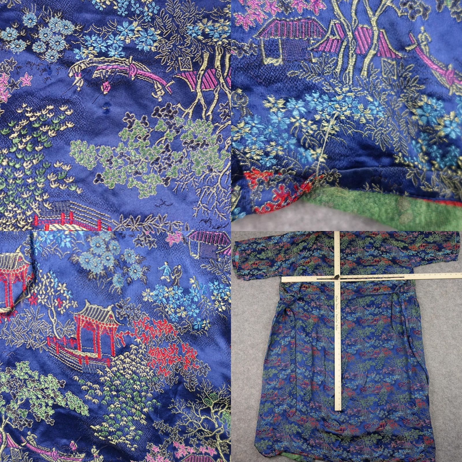Vintage VINTAGE Solz Squirrel Kimono Blue Satin XL Belted Floral Scenic Chinese Robe XS? Size ONE SIZE - 8 Thumbnail