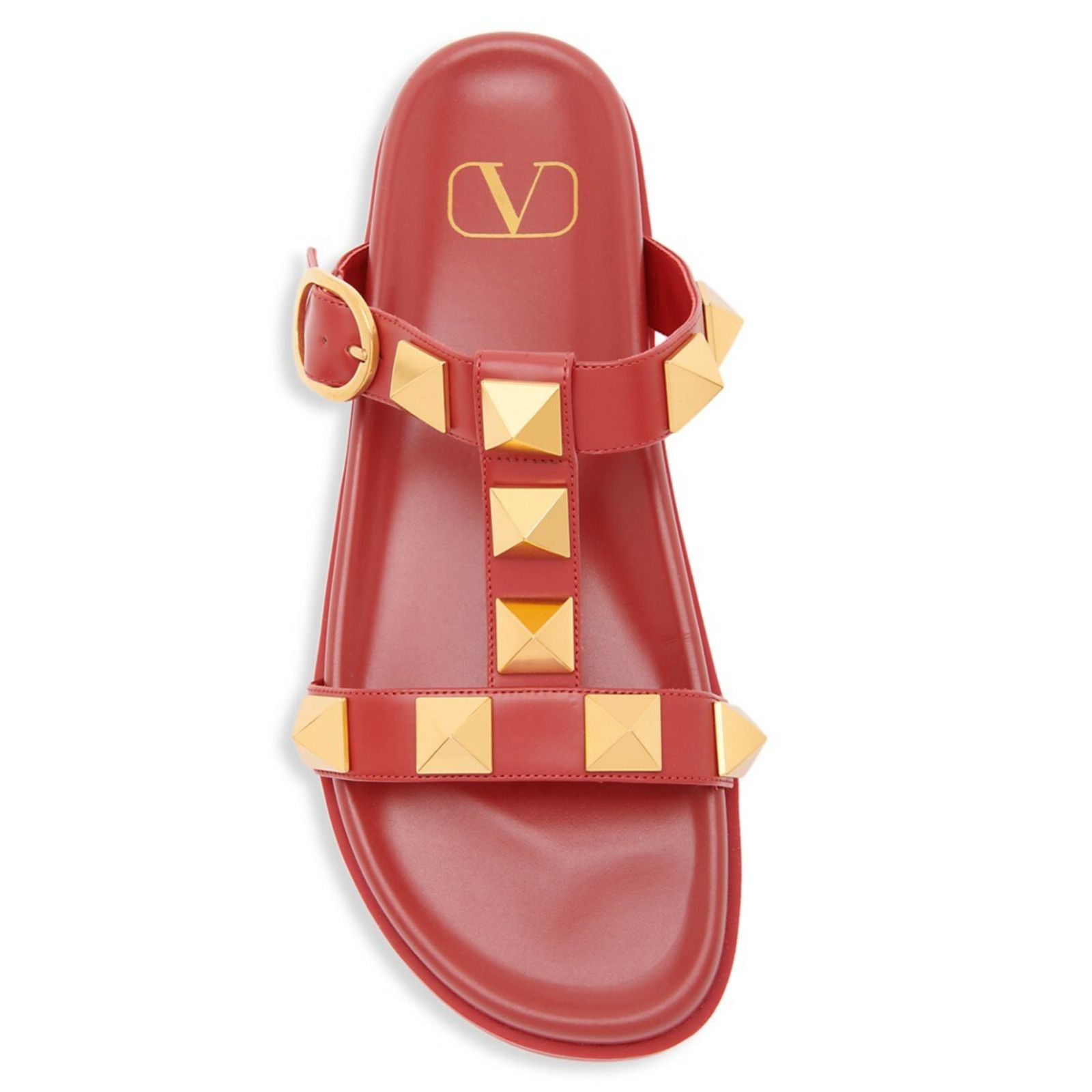 Valentino Valentino Rockstud Roman Stud Rosso Red Gold Leather Slide Size US 6 / IT 36 - 6 Thumbnail