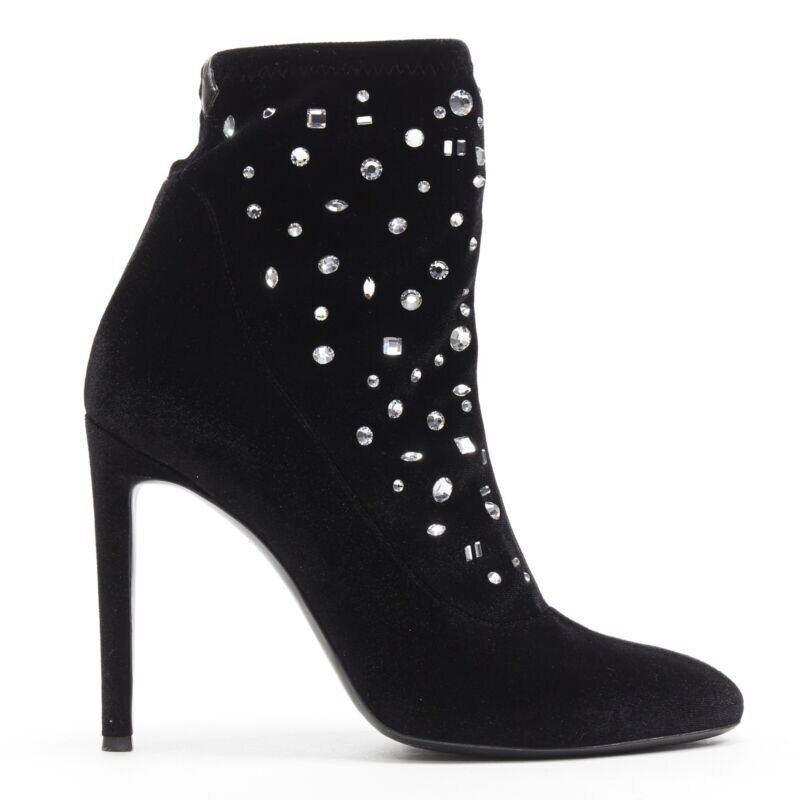Giuseppe Zanotti GIUSEPPE ZANOTTI black velvet crystal jewel embellished pull on sock bootie EU39 Size US 9 / IT 39 - 1 Thumbnail