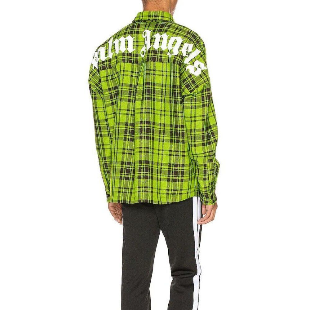 Palm Angels Logo Overshirt 44 XS Mens Green & White Plaid C