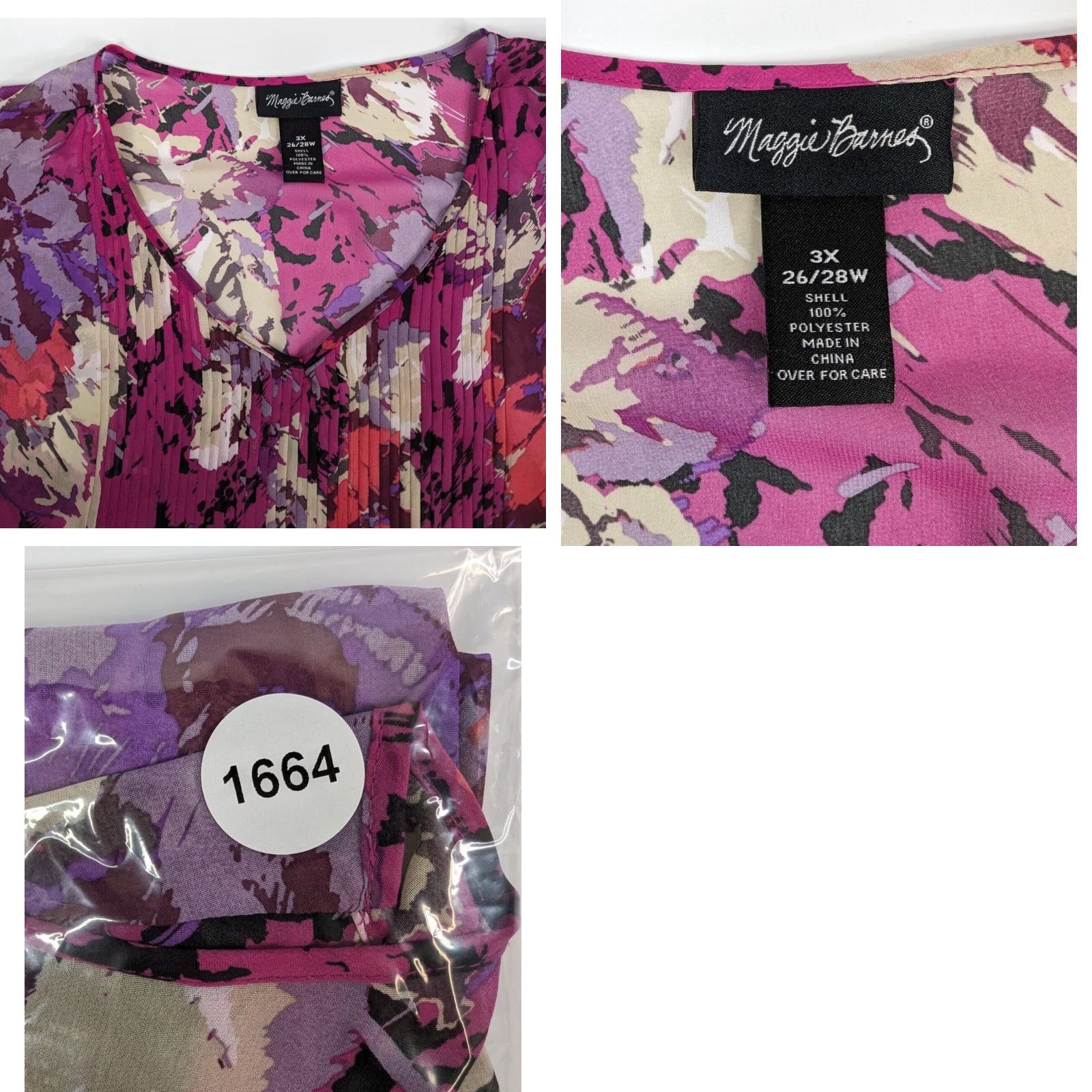 Vintage Maggie Barnes Purple Abstract Top Womens Size 3X 26/28 Short Sleeve Ruffle Blouse V-Neck Paisley Flutter Sleeve Polyester Plus Shirt Size XXL / US 16-18 / IT 52-54 - 8 Thumbnail