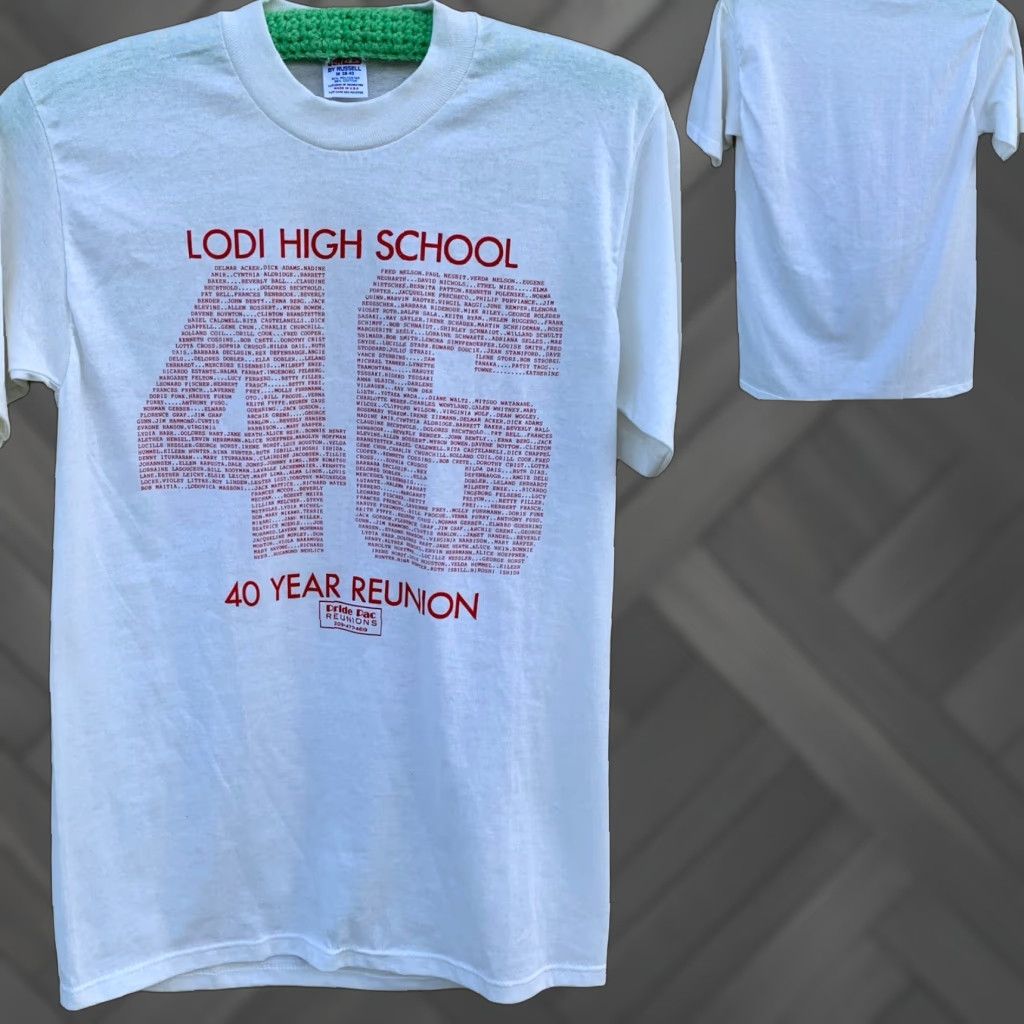 Jerzees VINTAGE Lodi High School 46 40 year reunion t-shirt 80s 1980s size M 38-40 Shirt Unisex Adults White 50% Polyester 50% Cotton Jerzees by Russell Size US M / EU 48-50 / 2 - 1 Thumbnail