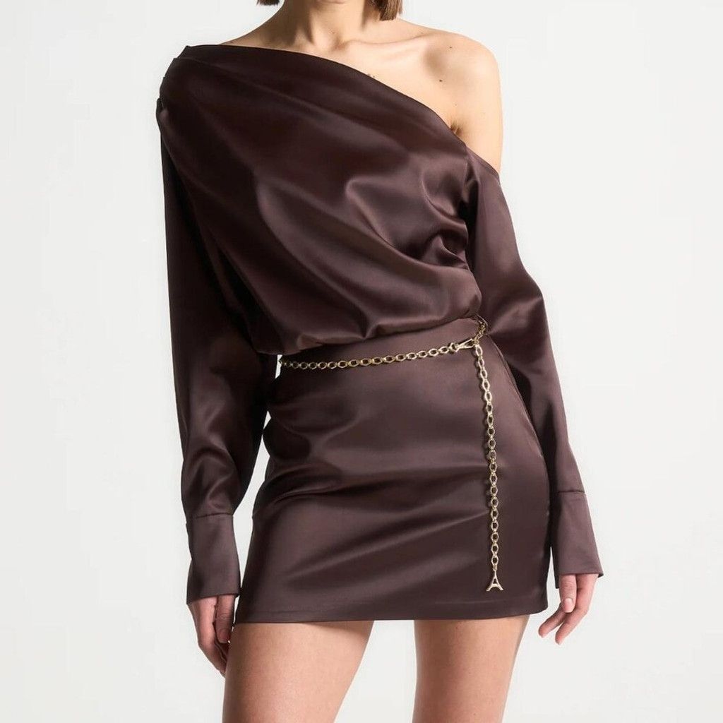 Maniere De Vior NEW Manière De Voir Brown Off Shoulder Satin Dress EU 42 Size L / US 10 / IT 46 - 2 Thumbnail
