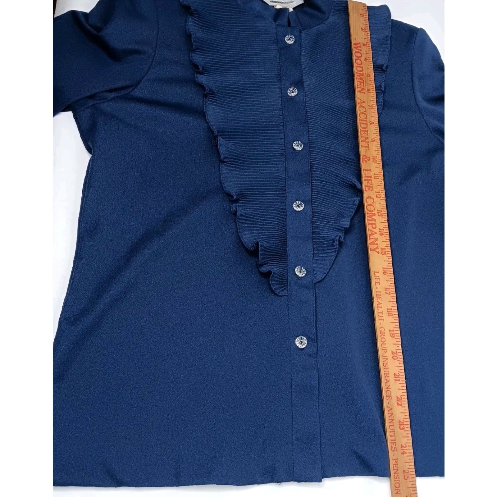 Blair VINTAGE Blair Petite Blouse Button-Up Navy Blue 16P Long Sleeve Ruffle Stretch Polyester Woman/Womens Shirt Button-Up Casual Dressy Size XXL / US 16-18 / IT 52-54 - 4 Thumbnail