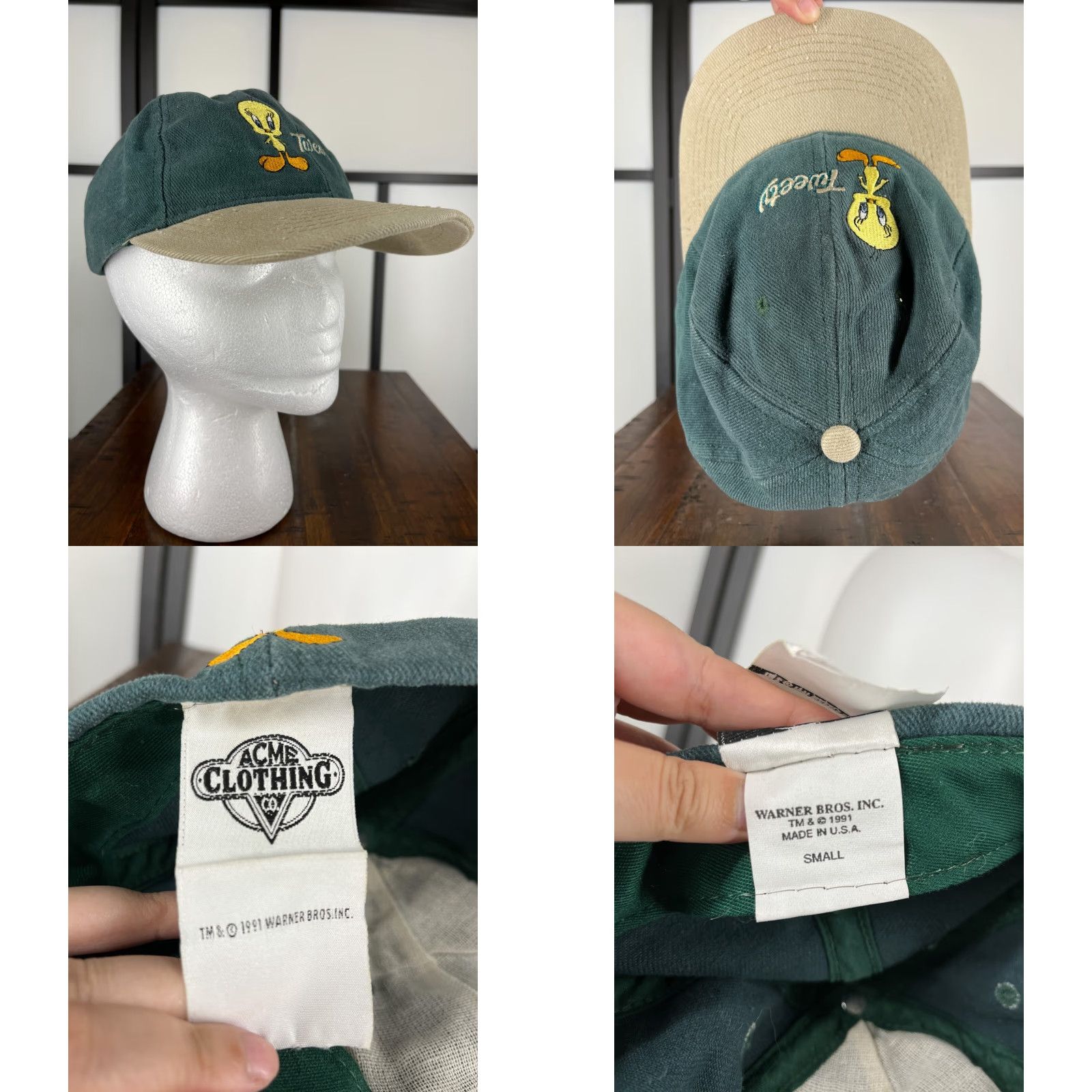 Vintage Warner Brothers Hat Fitted Adult Small Tweety Bird Green Beige USA 1991 Size ONE SIZE - 8 Thumbnail