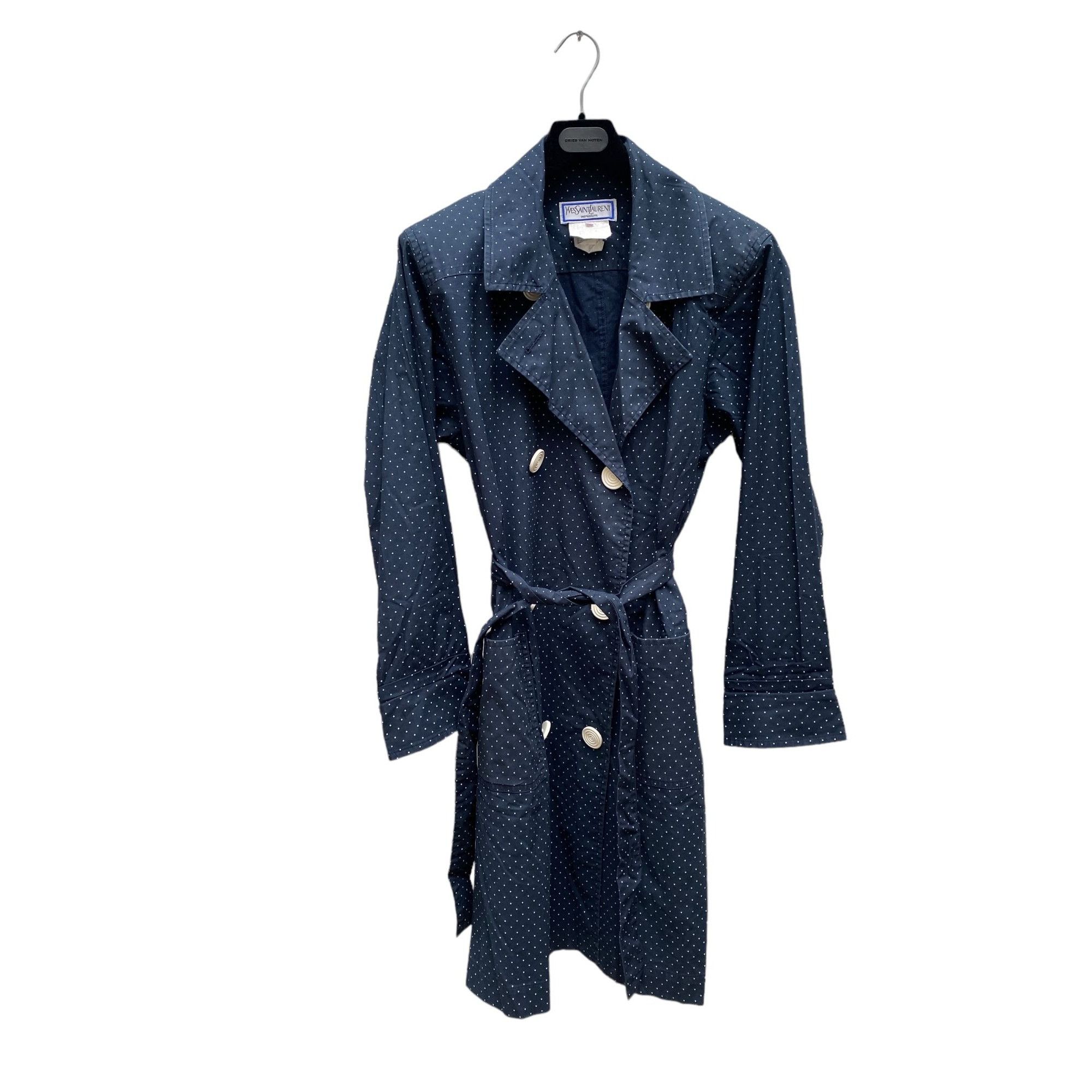 image of YVES Saint Laurent Spring Summer 1991 Navy Dot Belted Coat, Women's (Size Medium)
