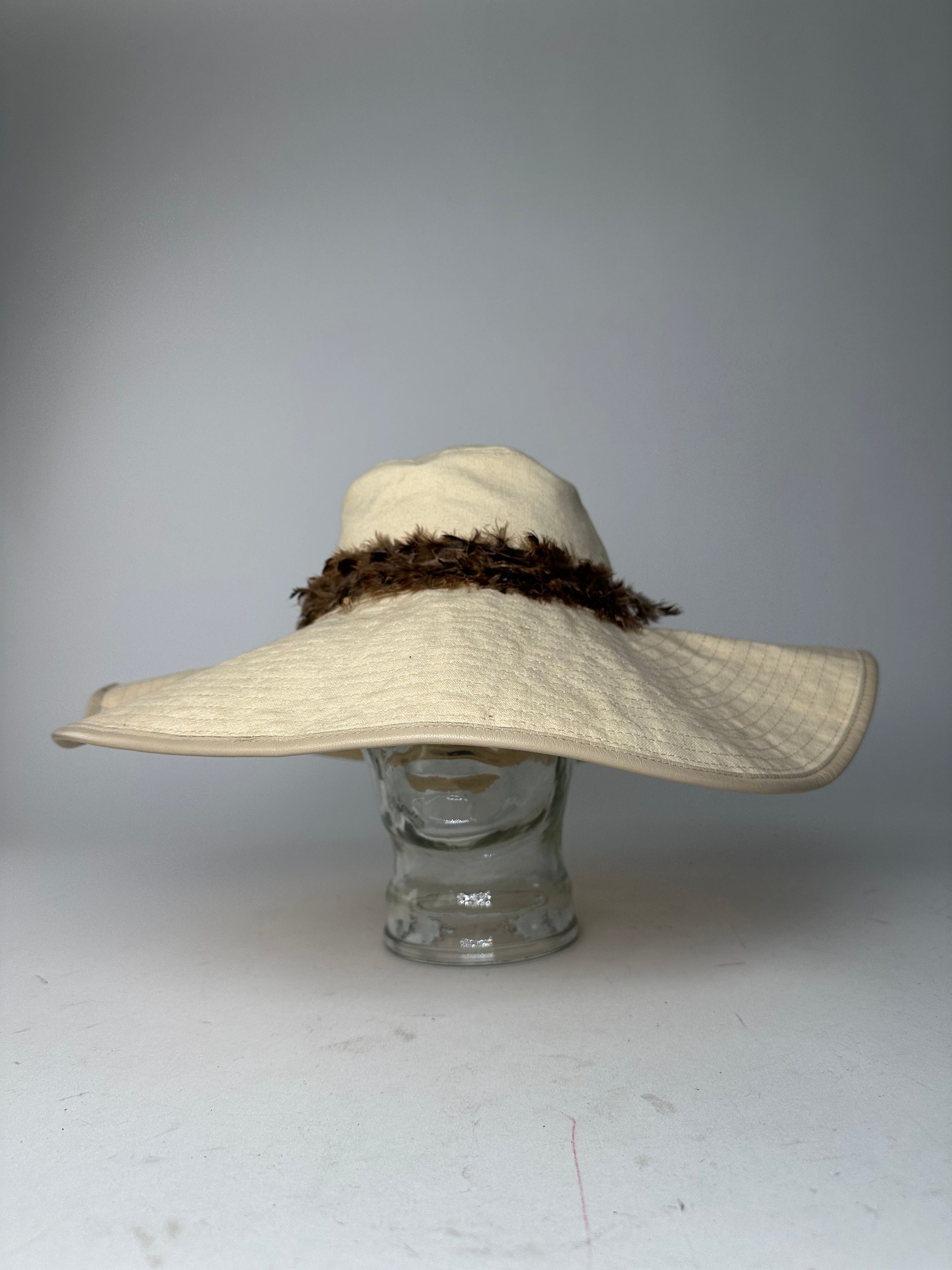 Gucci Vintage Wide Brim Feather Band Hat Beige Brown M Size ONE SIZE - 1 Thumbnail