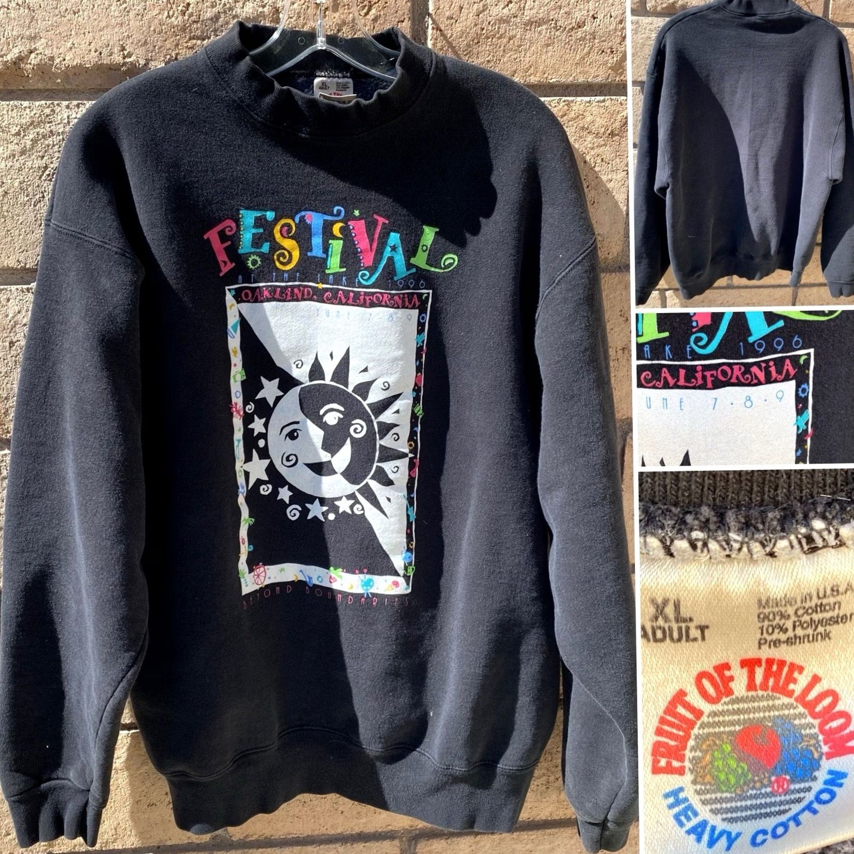 Fruit Of The Loom VINTAGE Festival At The Lake Oakland CA Sweatshirt XL Adult Black 90s Sun Moon Graphic Print USA Fade Mens Size US XL / EU 56 / 4 - 2 Thumbnail