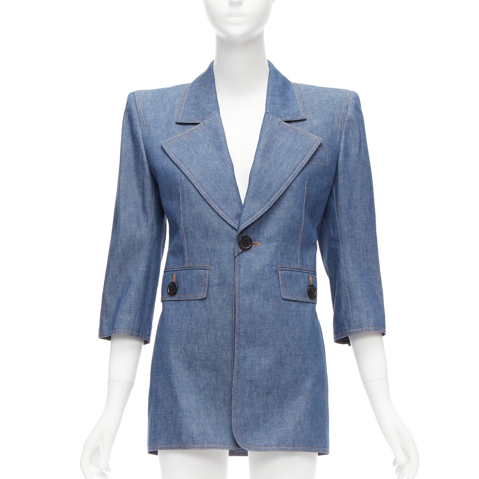 Saint Laurent Paris SAINT LAURENT 2022 Runway blue denim Power shoulder blazer mini dress FR34 Size XS / US 0-2 / IT 36-38 - 1 Thumbnail