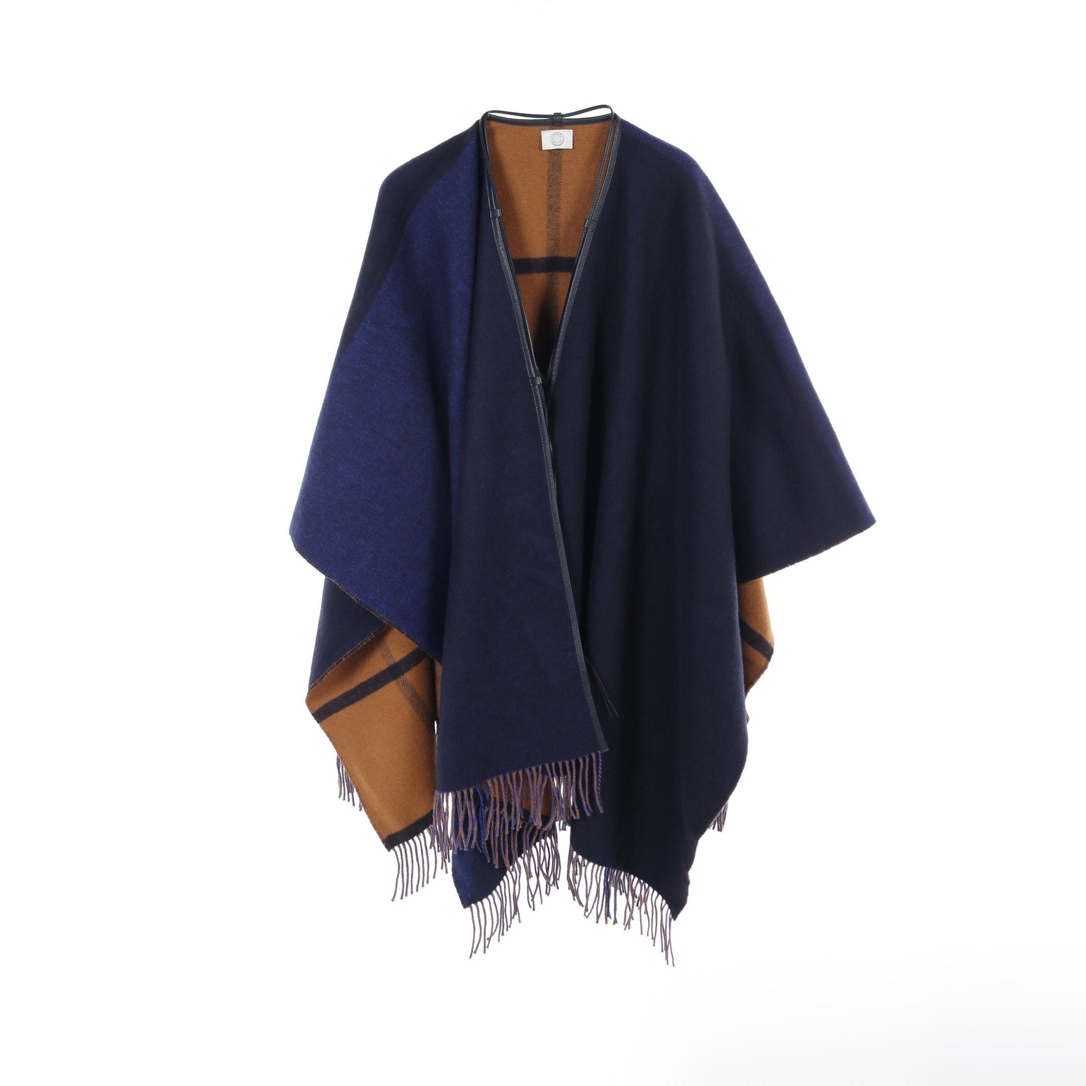 Hermes Highland Cape Poncho Wool Cashmere Navy Beige Fringe Reversible