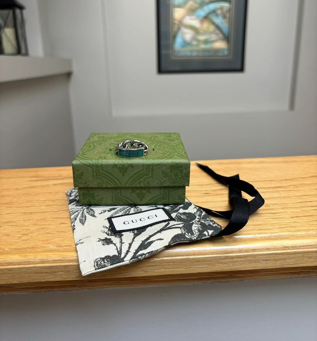 Gucci Gucci Silver/Green Marbled Enamel Cuban Ring - Size: 17IT Size ONE SIZE - 2 Thumbnail