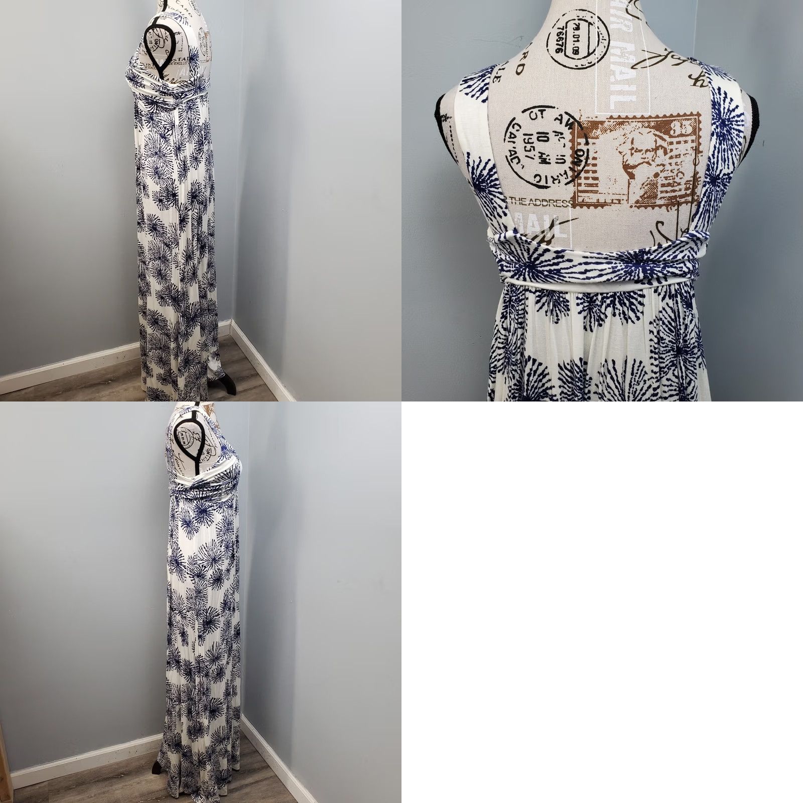 Vintage Pally Maxi Dress Womens Size S Blue White Printed Sleeveless Deep V-Neck Backless Size S / US 4 / IT 40 - 8 Thumbnail