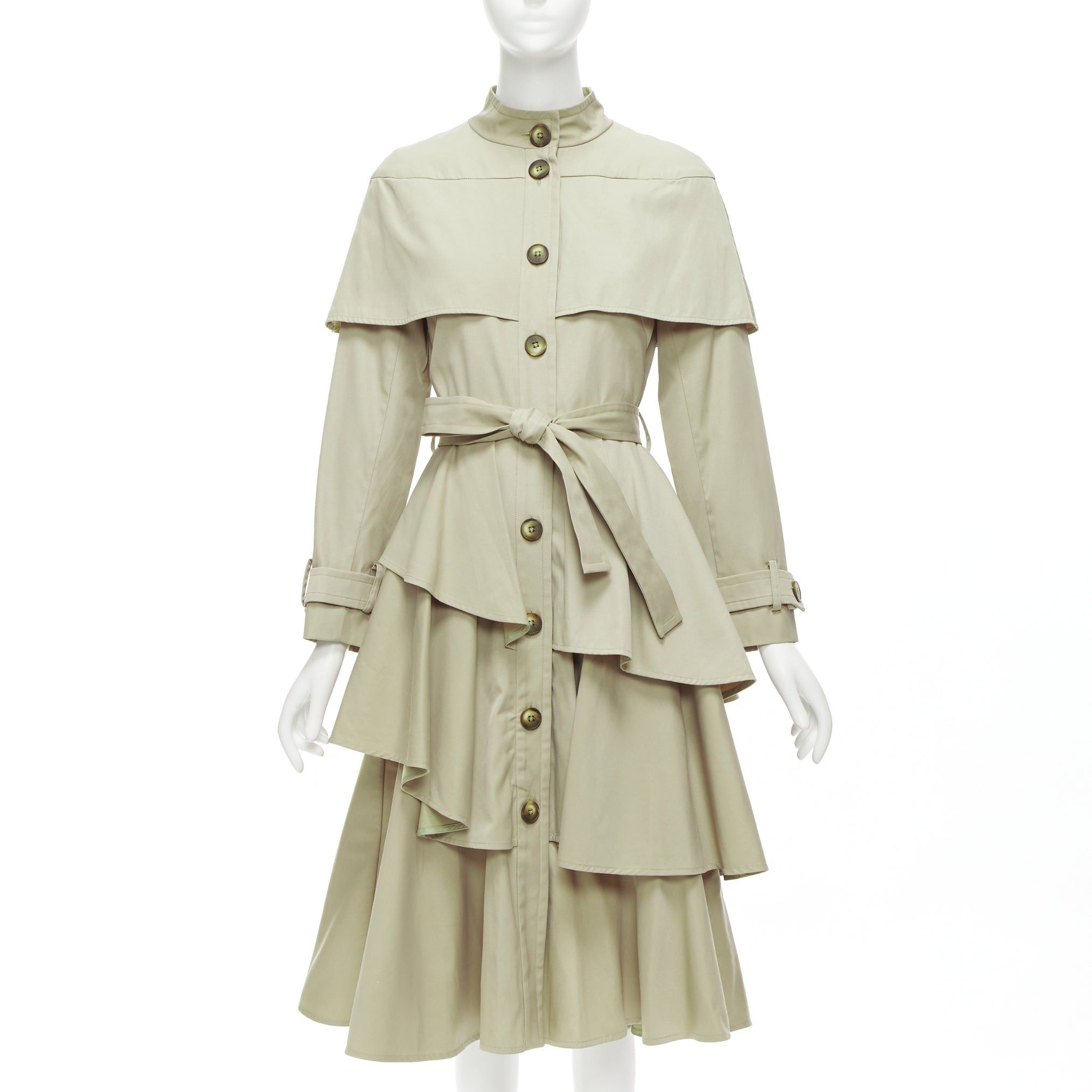 image of Osman London Khaki Cotton Tiered Ruffle Capelet Belted Long Trench Coat Xs, Women's (Size Small)
