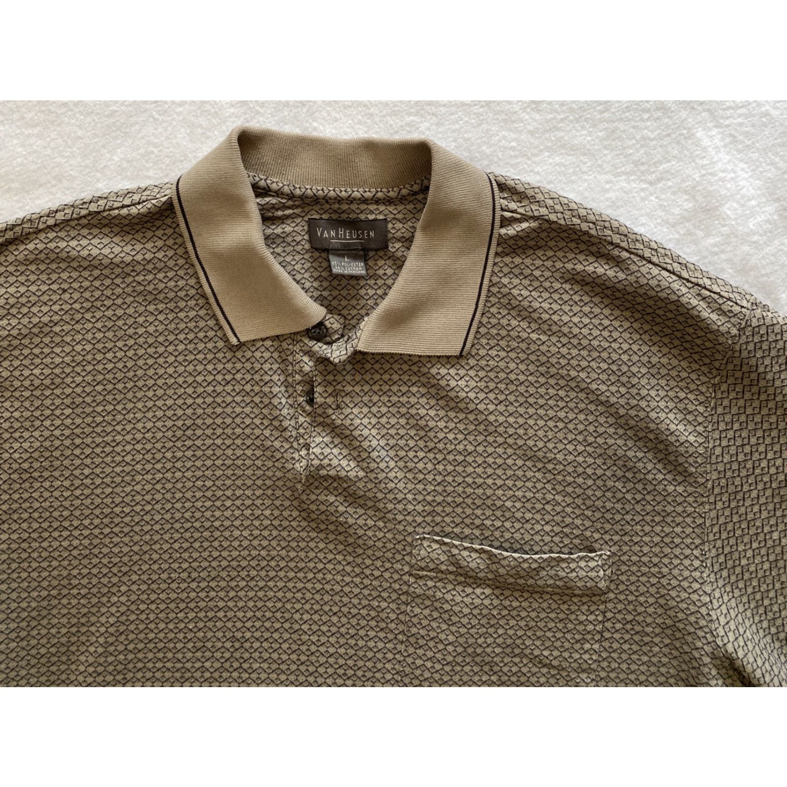 Van Heusen Van Heusen Men's Polo Shirt L Golf Pocket Casual Business / 16-11 Plaid Brown Beige Cotton/Poly Knit Shirt Men Regular Size US L / EU 52-54 / 3 - 4 Thumbnail