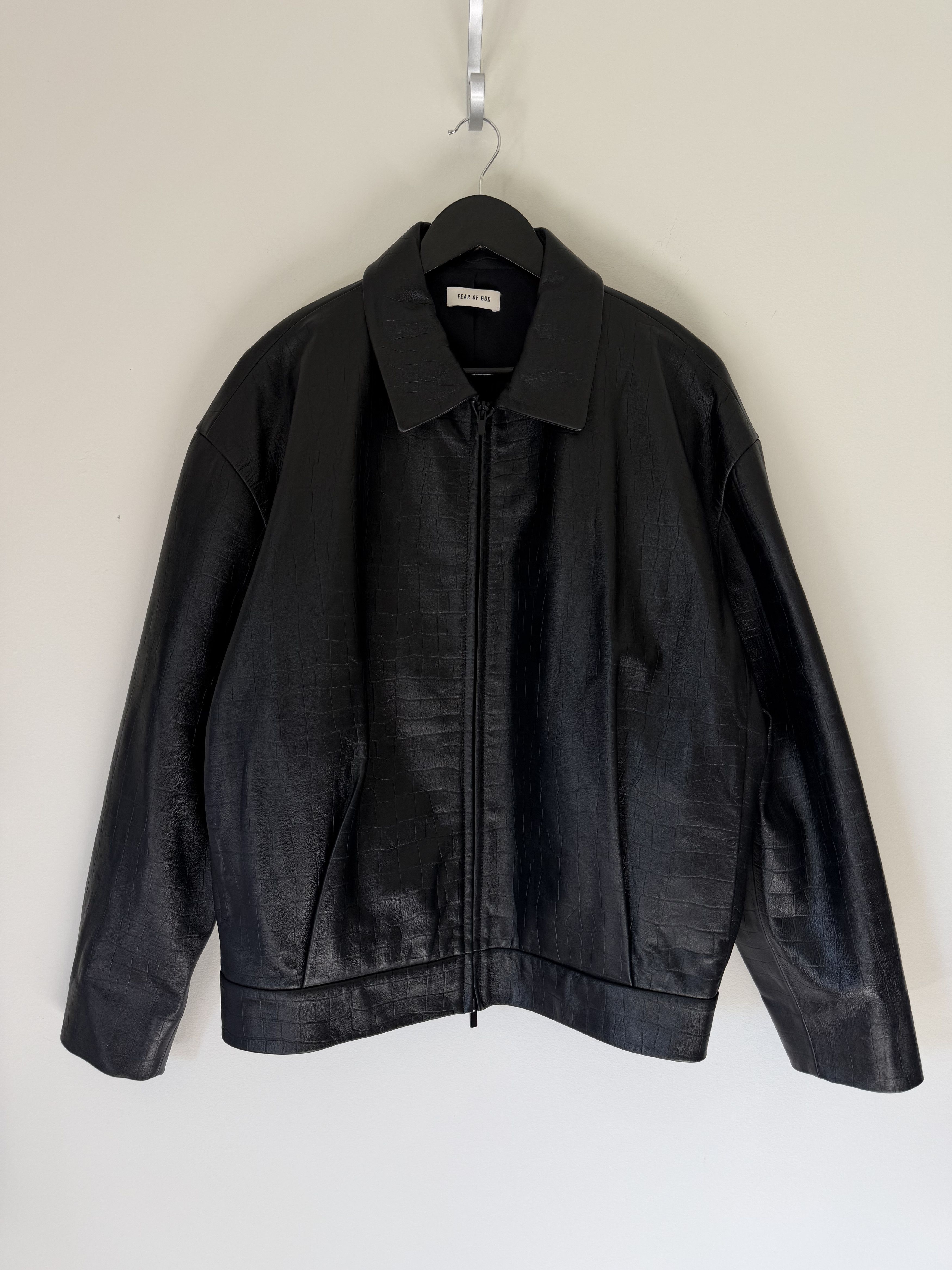 Fear of God Crocodile Embossed Cropped Leather Jacket Black