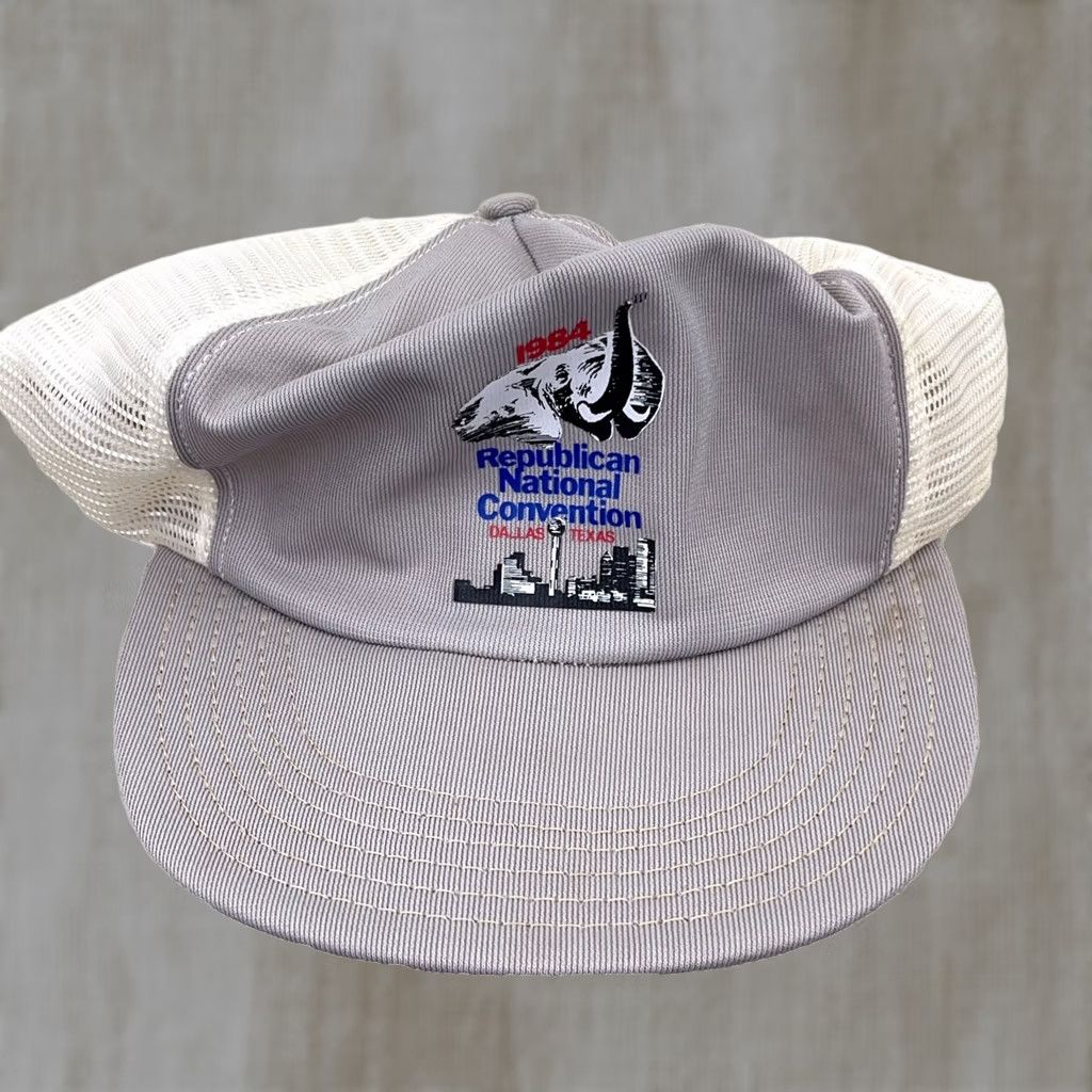 Vintage VINTAGE Election Trucker Hat Cap Made In USA Republican 80s Elephant Convention Hat Adjustable Gray Men Size ONE SIZE - 1 Thumbnail
