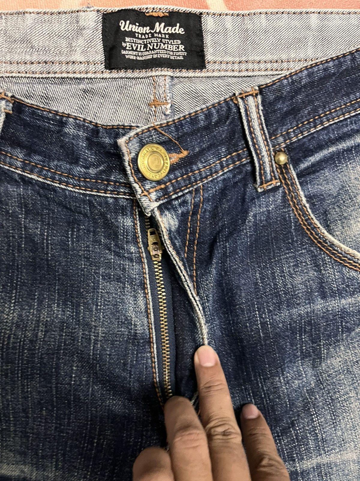 Japanese Brand Evil Number Japan union made distressed big e type fabric Size US 33 - 9 Thumbnail