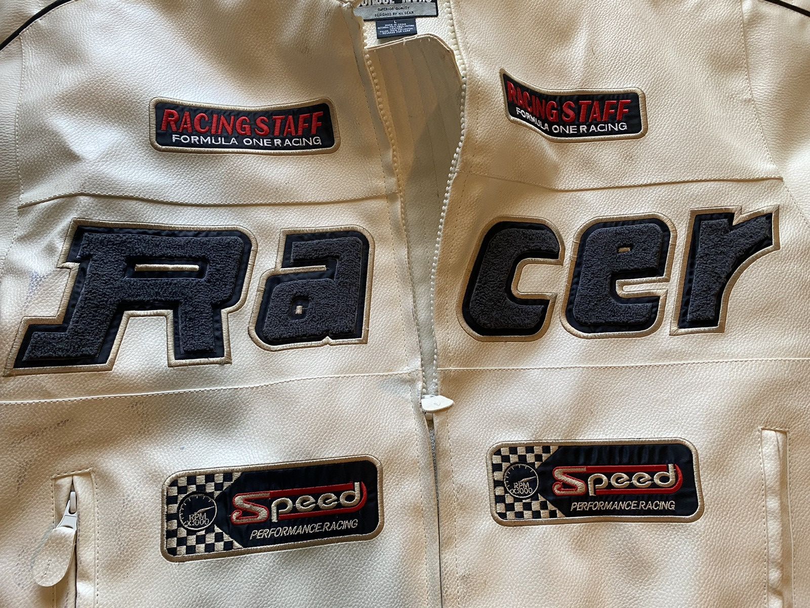 Vintage ~Source Jeans White Leather Racer Jacket~ Size Large Size US L / EU 52-54 / 3 - 4 Thumbnail