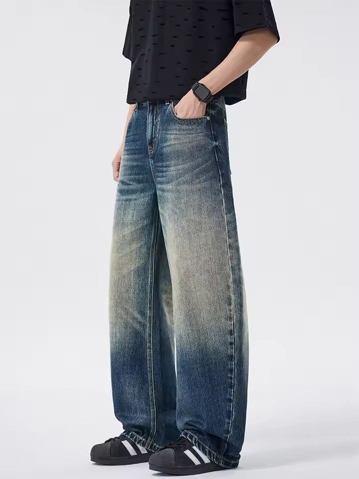 Jean Blue Washed Baggy Denim Jeans, Loose Wide Leg Jeans Size US 33 - 4 Thumbnail