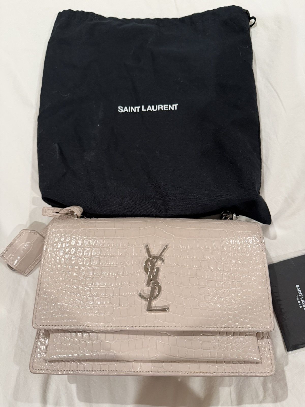 Saint Laurent Paris Calfskin Crocodile Embossed Medium Monogram Shoulder Bag Size ONE SIZE - 1 Thumbnail