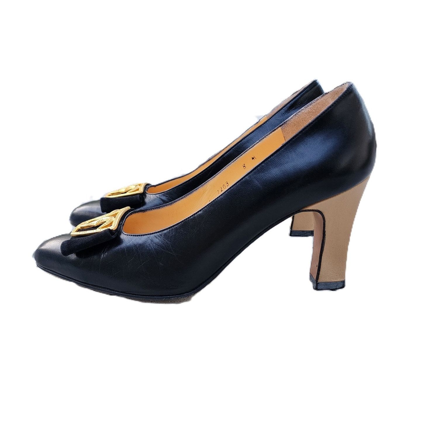 Other Chantal Leather Gold-Tone Applique Contrast Block Heel Pumps Size US 8 / IT 38 - 9 Thumbnail