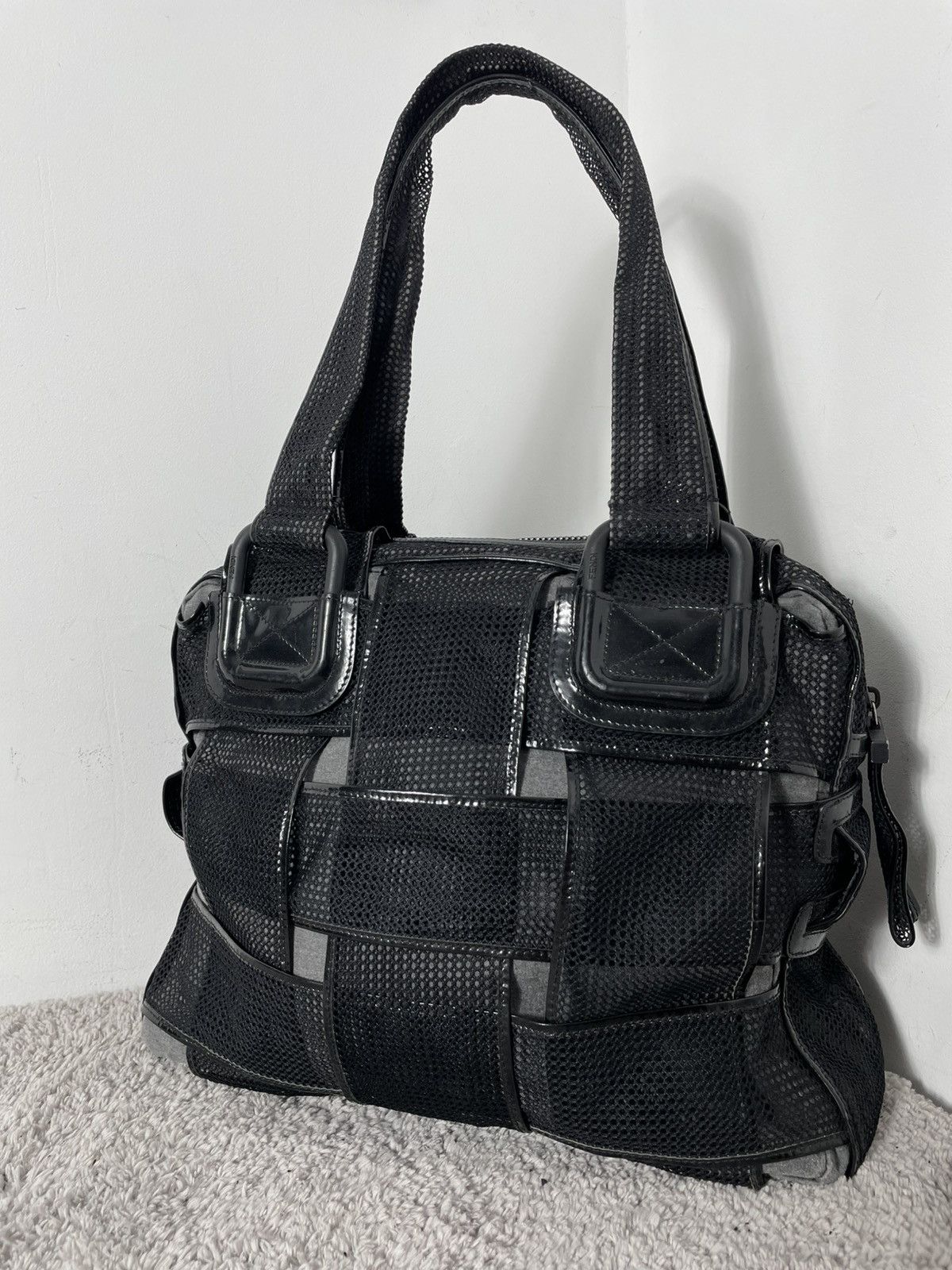 Fendi FENDI Black Mesh/Patent Leather Woven Crossword Grande Bag Size ONE SIZE - 2 Thumbnail