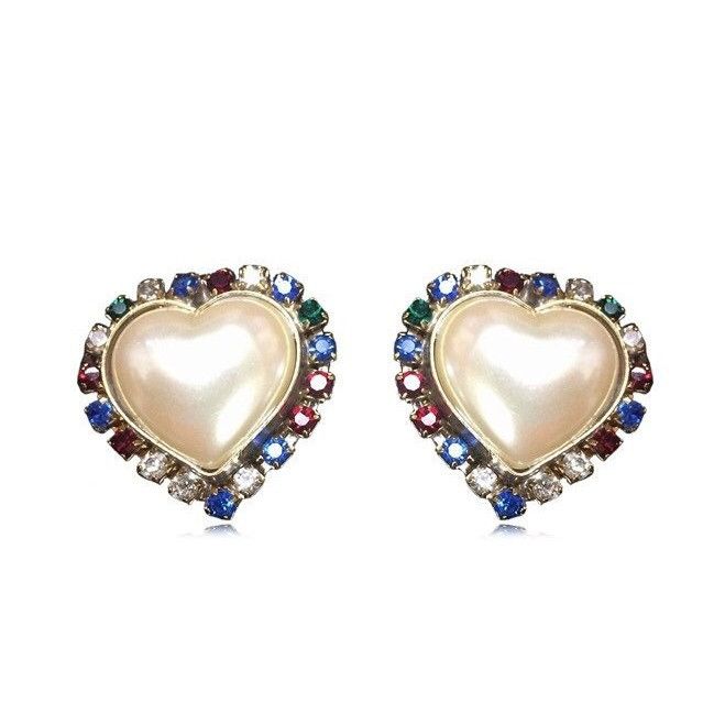 Escada Vintage ESCADA faux pearl heart earrings with crystals Size ONE SIZE - 2 Thumbnail