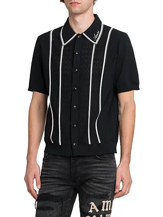 Amiri os11x1225 Logo-Detailed Striped Pointelle-Knit Shirt Black Size US L / EU 52-54 / 3 - 4 Thumbnail