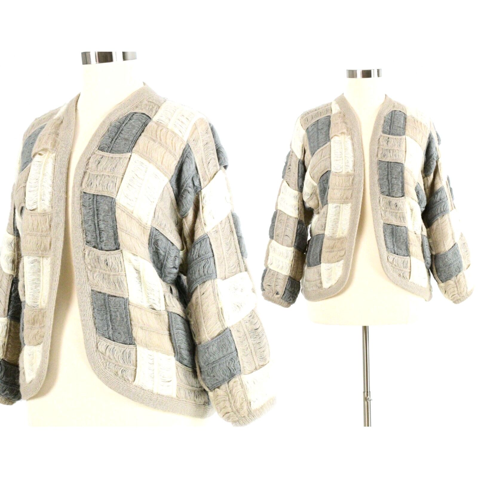image of 80's Designer Sweater Oatmeal Gray Beige Check UNique Size M Bonnie & Bill in White, Women's