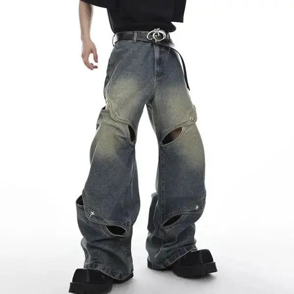 High Street Patchwork Loose Hollow Out Denim Pant