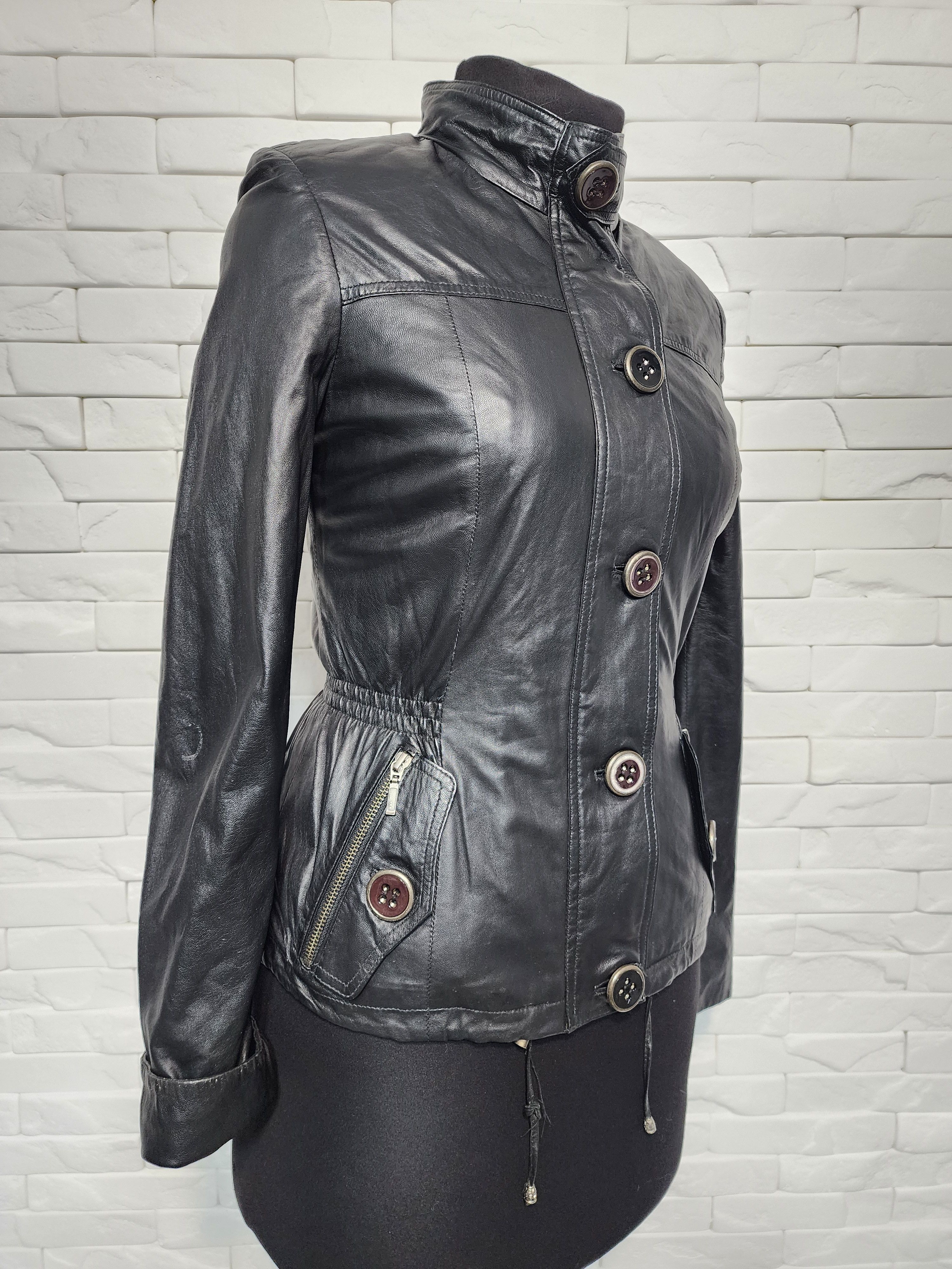 Genuine Leather Quilted Black Leather Jacket: Collarless Zip-Up Size M / US 6-8 / IT 42-44 - 3 Thumbnail