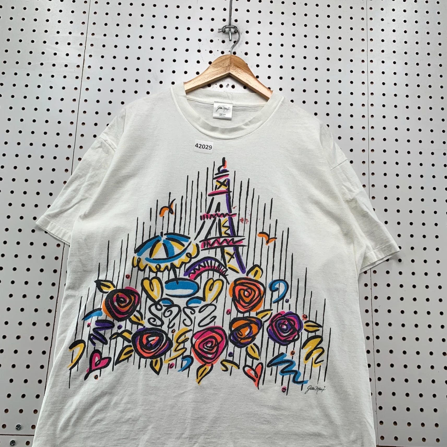 Gildan VINTAGE 90s Gilda Marx T-Shirt Mens Adult Large White Floral Paris Cotton Short Sleeve Crew Neck Summer Theme Size US L / EU 52-54 / 3 - 4 Thumbnail