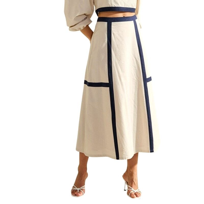 ABLE ABLE Sand Navy Contrast Trim Square Neck Top Midi Skirt Set Size 30" / US 8 / IT 44 - 3 Thumbnail