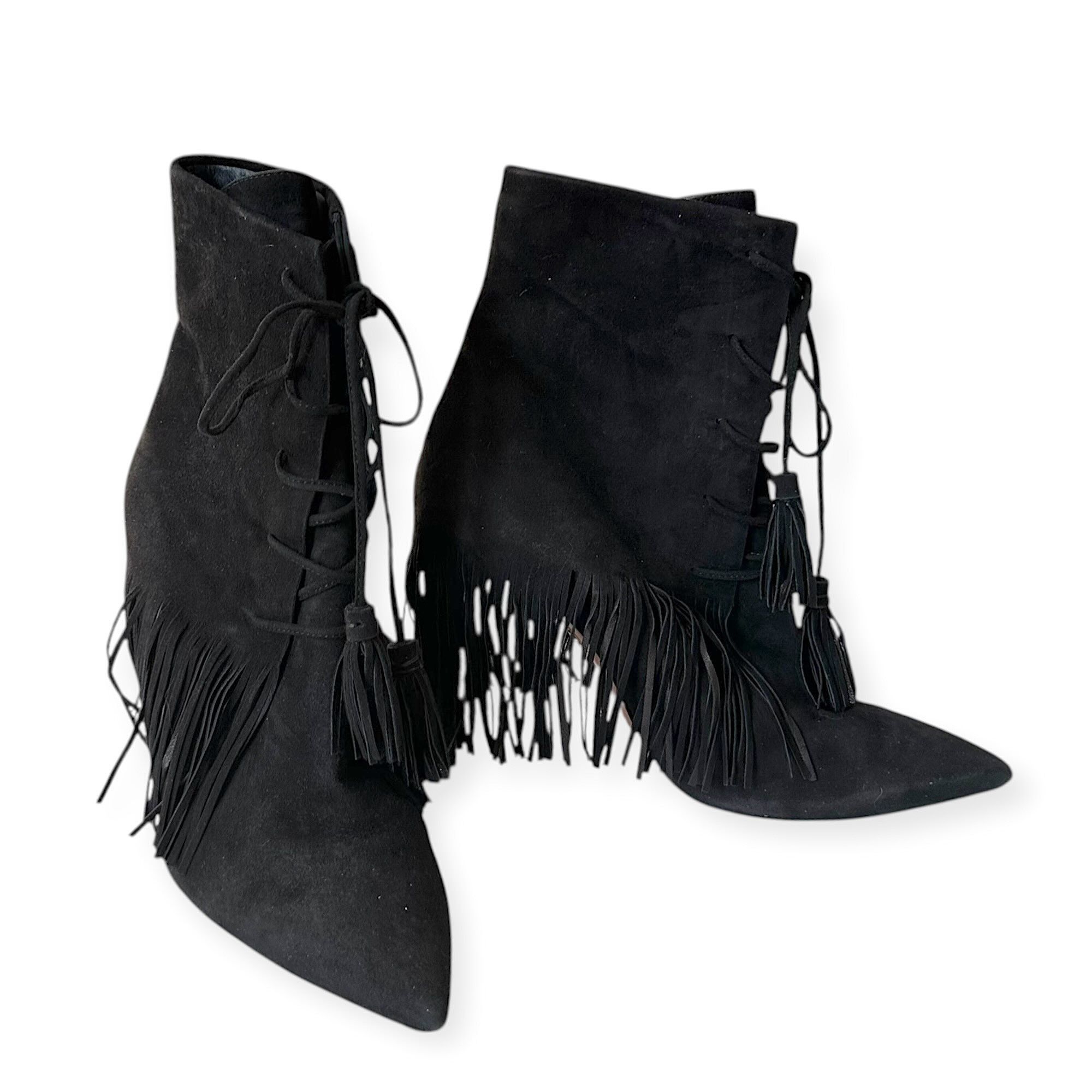 Aquazzura AQUAZZURA Mustang 105 Fringe Heeled Ankle Boots In Black Sue Size US 7 / IT 37 - 7 Thumbnail
