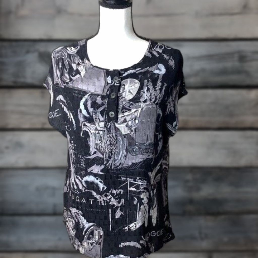 Vogue VINTAGE Bugatti Car Themed Blouse Women's L Black Viscose Short Sleeve Round Neck Pullover 70s 80s Couture Retro Car Graphic Men/Women? Size L / US 10 / IT 46 - 1 Thumbnail
