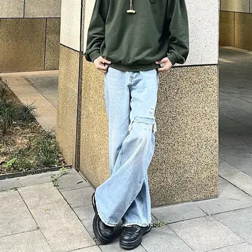 image of Vintage Y2K Ripped Flare Baggy Jeans in Blue, Men's (Size 32)
