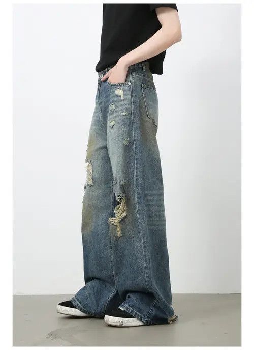 VIBE Men's loose straight retro all-match wide-leg ripped jeans Size US 32 / EU 48 - 4 Thumbnail